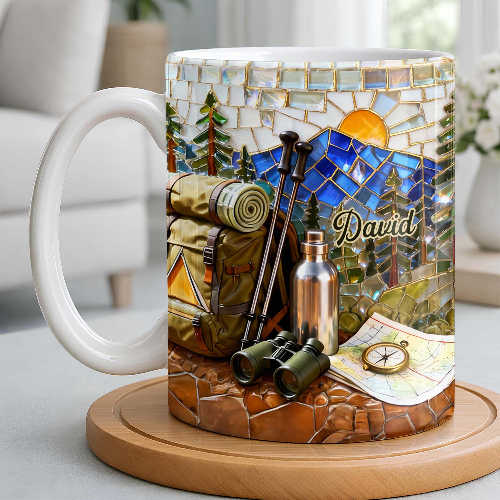 [Flash Deals] Bojjiartist Personalized Camping Mountain Mosaic Full Bleed Mug – Custom Name Hiking Coffee Cup, 3d Effect Wilderness Explorer Design, Unique Nature Lover Gift For Campers & Adventurers