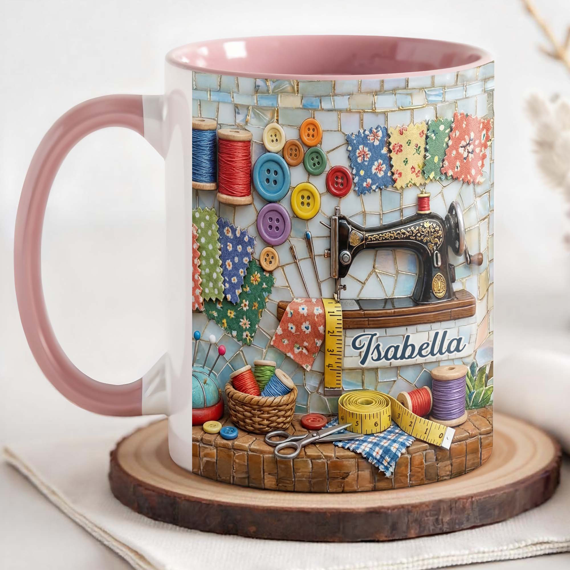 [Flash Deals] Bojjiartist Personalized Vintage Sewing Machine Full Bleed Coffee Mug – Custom Name Seamstress Gift, 3d Effect Quilting Room Illustration, Colorful Crafting Cup For Sewing Lovers