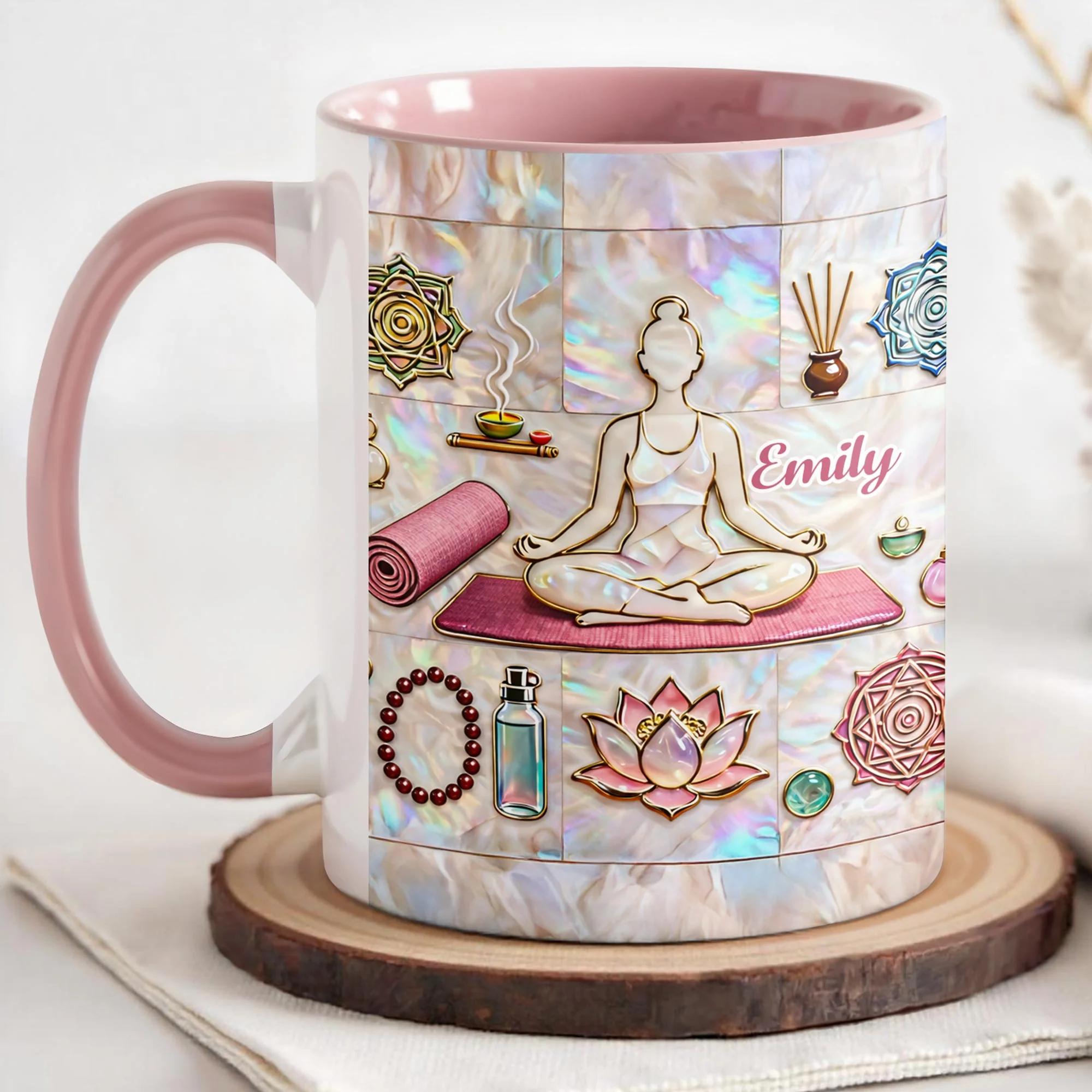 [Flash Deals] Bojjiartist Personalized Yoga Meditation Abalone Sell Coffee Mug – Custom Name Zen Wellness Gift, Iridescent Mother Of Pearl Effect Ceramic Cup, Yoga Teacher Appreciation Present