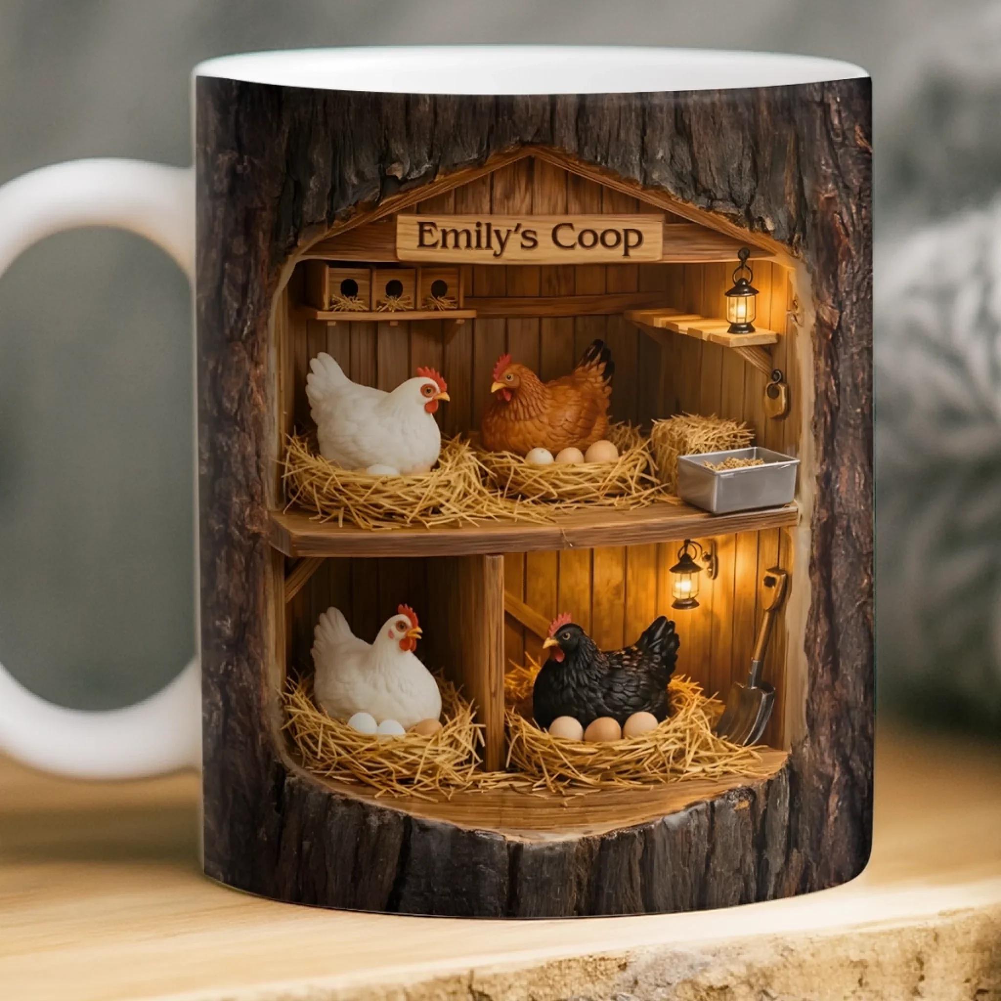 Personalized Chicken Coop Mug, Custom Name Farmhouse Coffee Cup, Mother'S Day Gift, 3d Inflated Effect Print 2d Ceramic Mug, Hen Chicken Lover Gift For Mom Nana