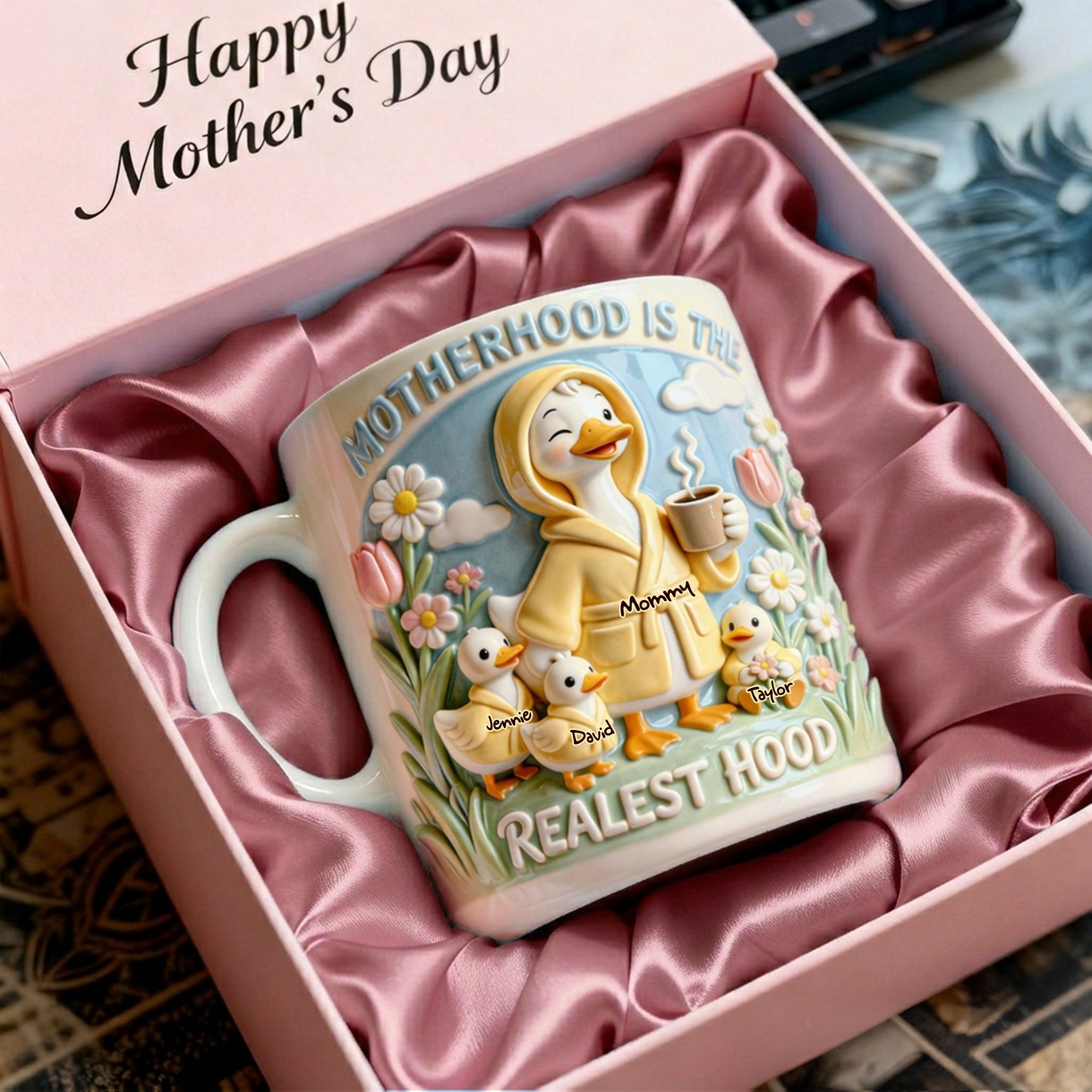 Personalized Motherhood Is The Realest Hood Mug, Custom Kids Names Ducklings Coffee Cup, Mother'S Day Gift, 3d Inflated Effect Print 2d Ceramic Mug, Unique Mom Gift