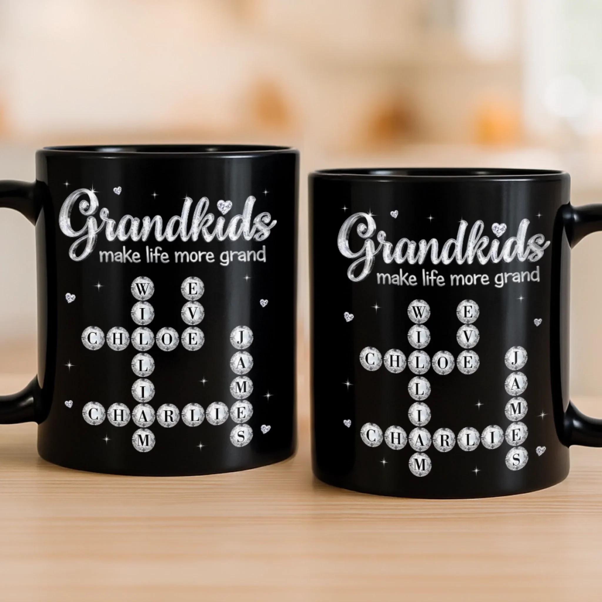 Personalized Grandkids Crossword Mug, Custom Name Diamond Coffee Cup, Mother'S Day Gift, 3d Inflated Effect Print 2d Ceramic Mug, Gift For Grandma Nana Gigi