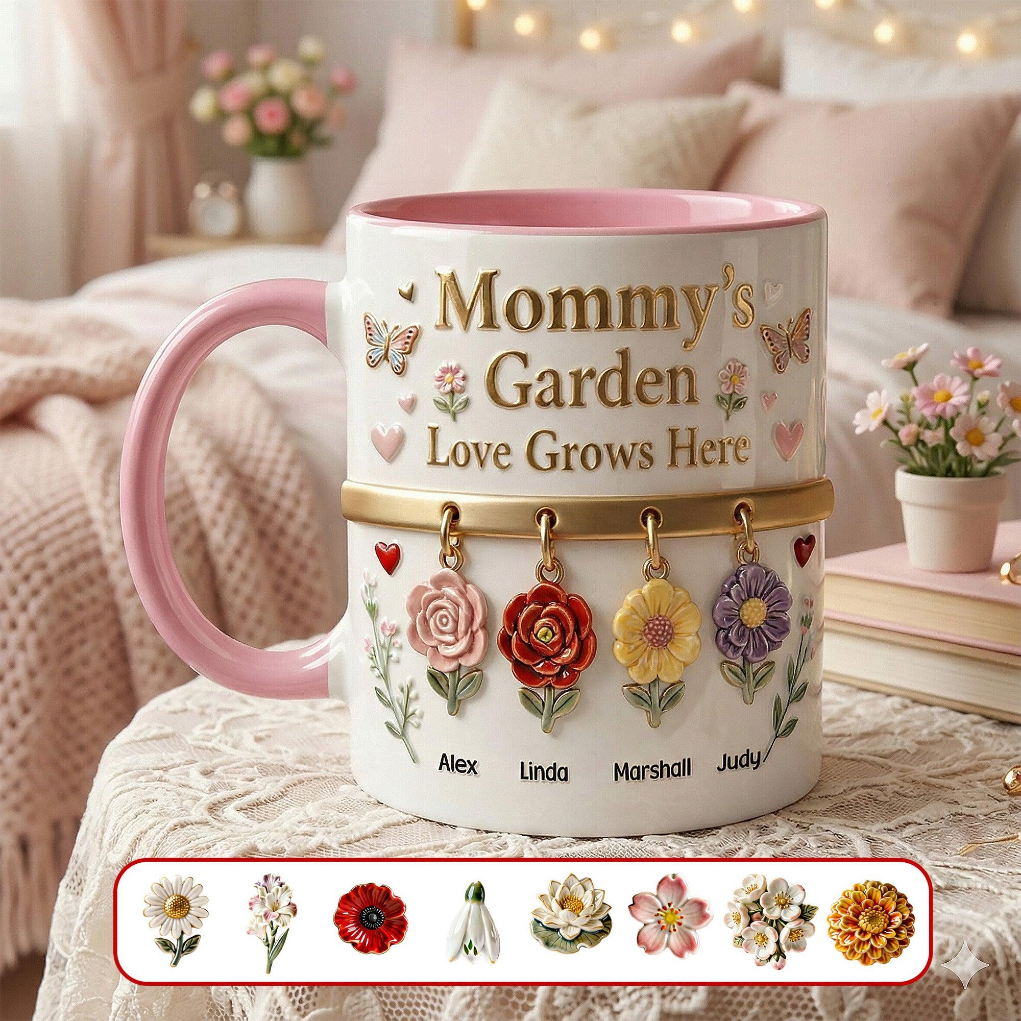 Personalized Mommy'S Garden Mug, Custom Birth Flower And Name Coffee Cup, Mother'S Day Gift, 3d Inflated Effect Print 2d Ceramic Mug, Unique Gift For Grandma Nana