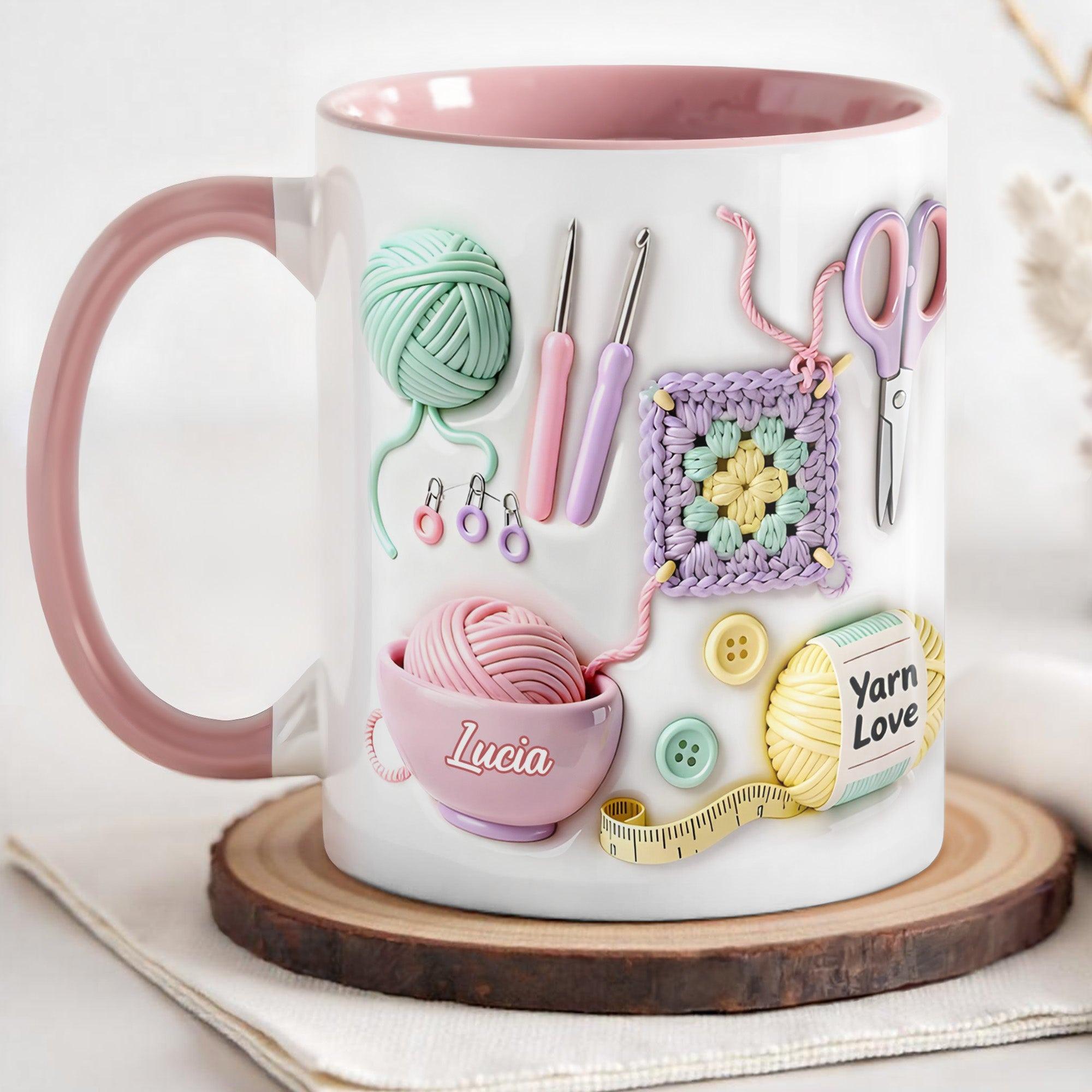 Personalized 2d Effect Crochet Coffee Mug, Custom Name Yarn Lover Ceramic Cup, Pastel Knitting Supplies Aesthetic Gift, Hobbyist Maker Crafting Mug