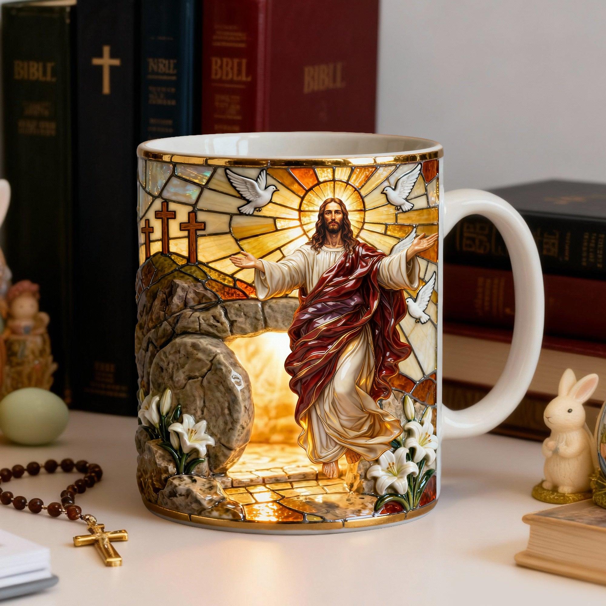 He Is Risen Jesus Resurrection Ceramic Mug, Stained Glass Aesthetic Christian Coffee Cup, Easter Morning Religious Gift, Inspirational Christ Tomb & Lilies Mug, Sacred Heart Faith Based Drinkware, Holy Week Commemorative Cup