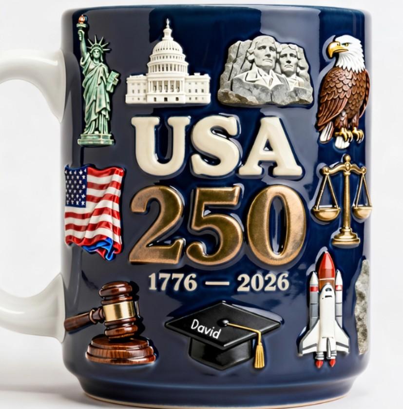 Usa 250th Anniversary Commemorative Mug, 1776-2026 Semiquincentennial Coffee Cup, Patriotic America 250 Ceramic Drinkware, Historical Landmarks Relief Style Mug, Proud American Heritage Gift, 4th Of July Celebration Cup
