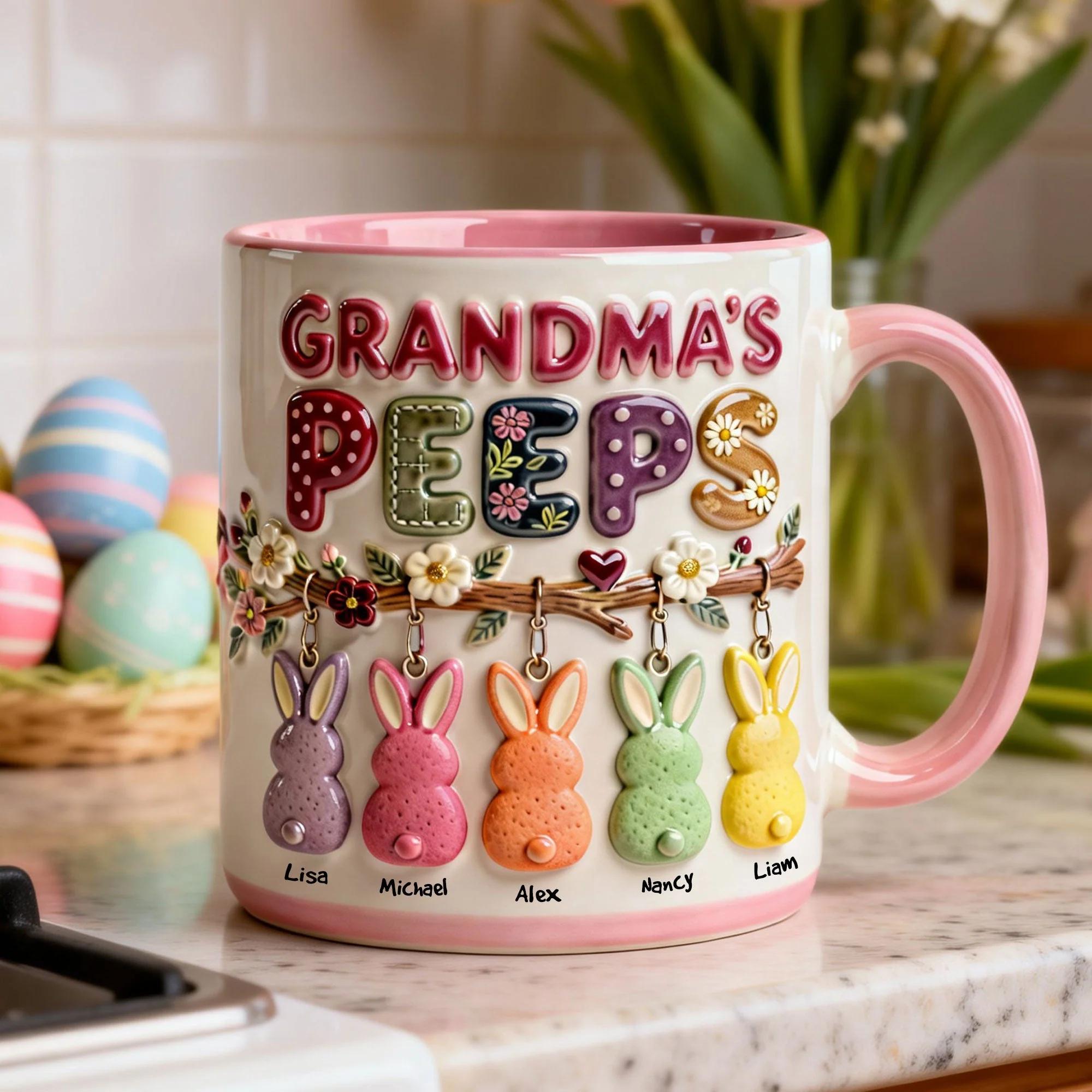 Personalized Grandma'S Peeps Ceramic Mug, Custom Grandkids Name Easter Bunny Cup, Floral Aesthetic Coffee Mug, Mother’S Day Gift For Nana, Spring Theme Family Drinkware, Cute Bunny Peeps Mug With Names, Heartwarming Grand