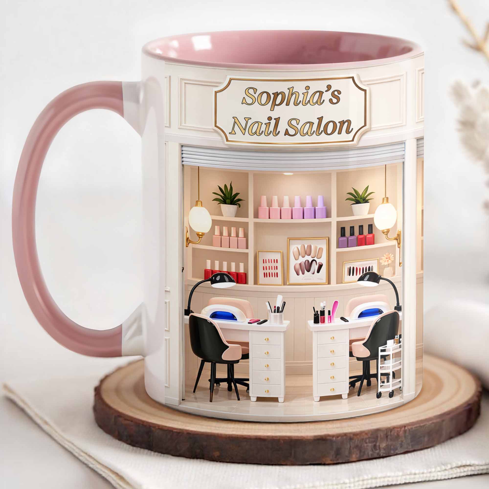 [Flash Deals] Bojjiartist Personalized Nail Salon 3d Effect Coffee Mug – Custom Name Manicurist Gift, Miniature Salon Interior Illustration Cup, Nail Tech Appreciation Present