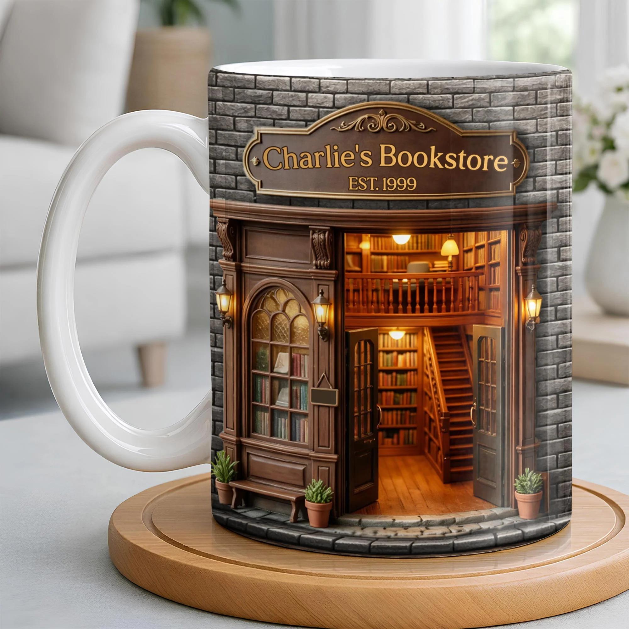 [Flash Deals] Bojjiartist Personalized Miniature Bookstore 3d Effect Coffee Mug – Custom Name Book Lover Gift, Dark Academia Library Aesthetic Cup