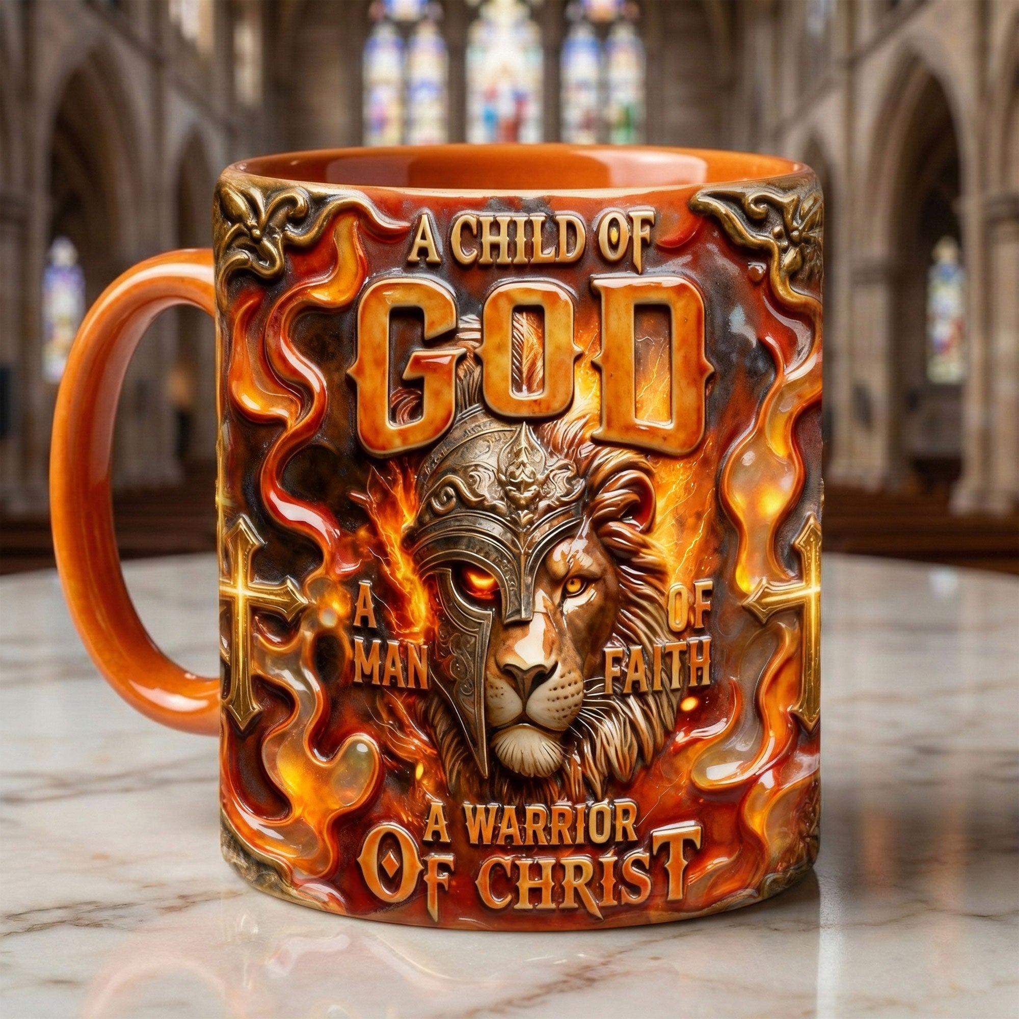 Personalized Warrior Of Christ Lion Spartan Mug, Child Of God Man Of Faith Coffee Cup, Christian Warrior Aesthetic Drinkware, Spiritual Warfare Lion Of Judah Shell, Bold Faith Based Man Cave Accessory