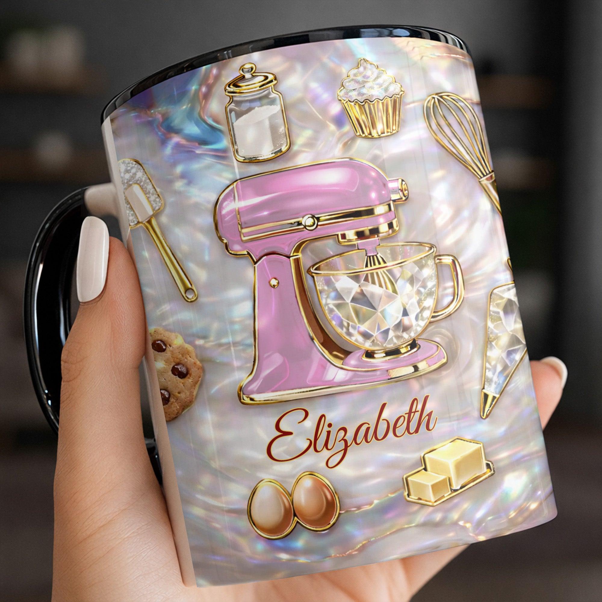 Personalized Abalone Shell Baking Stand Mixer Mug, Custom Name Coffee Cup, Gift For Baker Mom, 3d Inflated Effect Print 2d Ceramic Mug, Iridescent Choice Of Color, Mother'S Day Gift, Gift For Grandma Nana