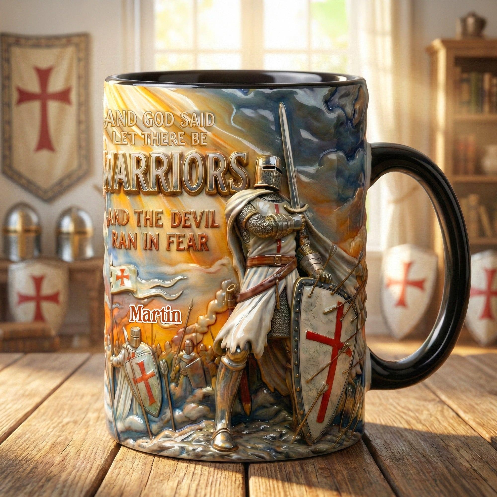 Personalized God Said Let There Be Warriors Knight Mug, Custom Name Templar Warrior Coffee Cup, Unique Religious Gift For Him, Traditional Christian Knight Shell, Rugged Faith Based Drinkware