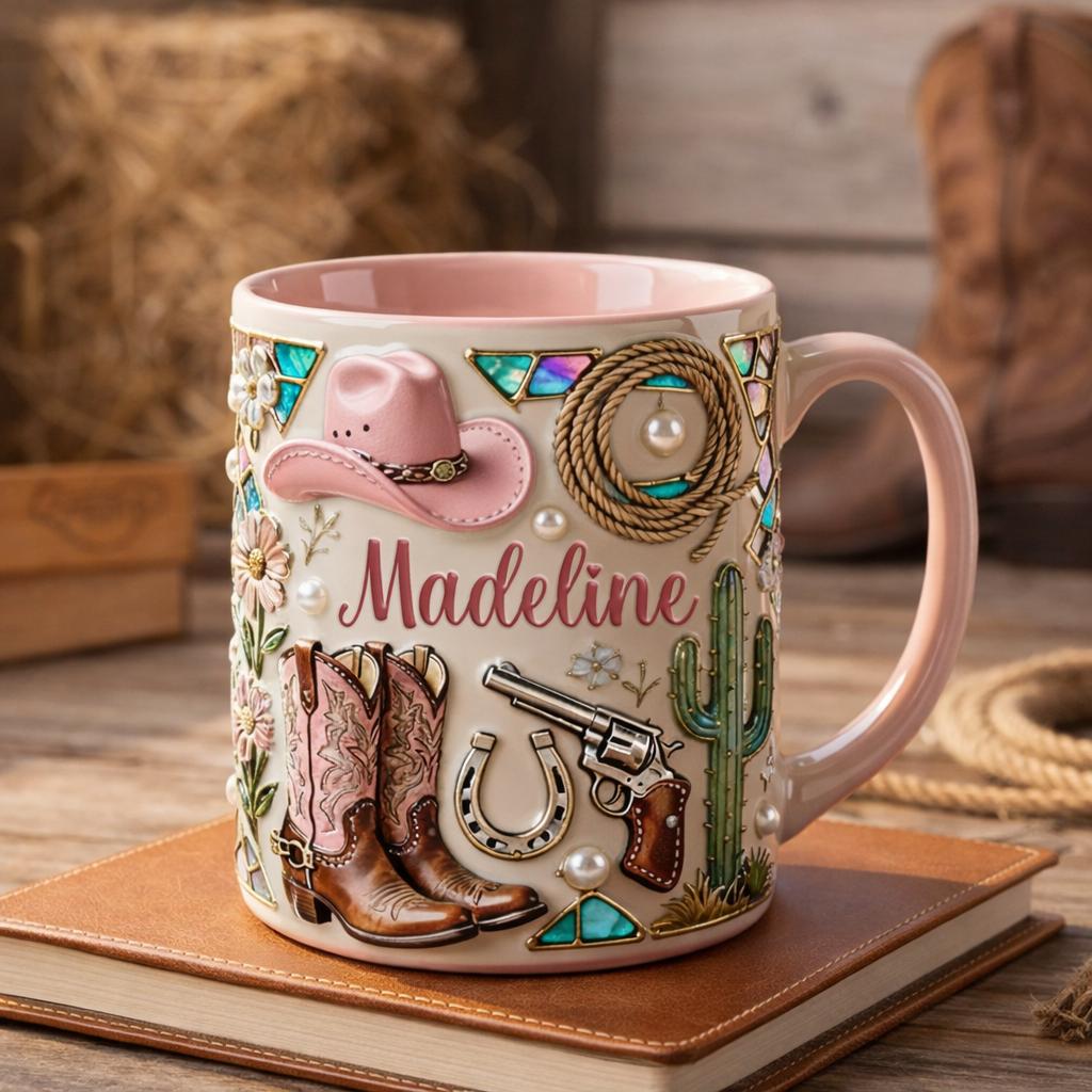 Personalized Coastal Cowgirl Aesthetic Mug, Custom Name Pink Western Coffee Cup, Pink Cowboy Hat & Boots Drinkware, Boho Rodeo Queen Gift For Her, Desert Vibes Iridescent Ceramic Mug, Whimsical Western Core Office Decor