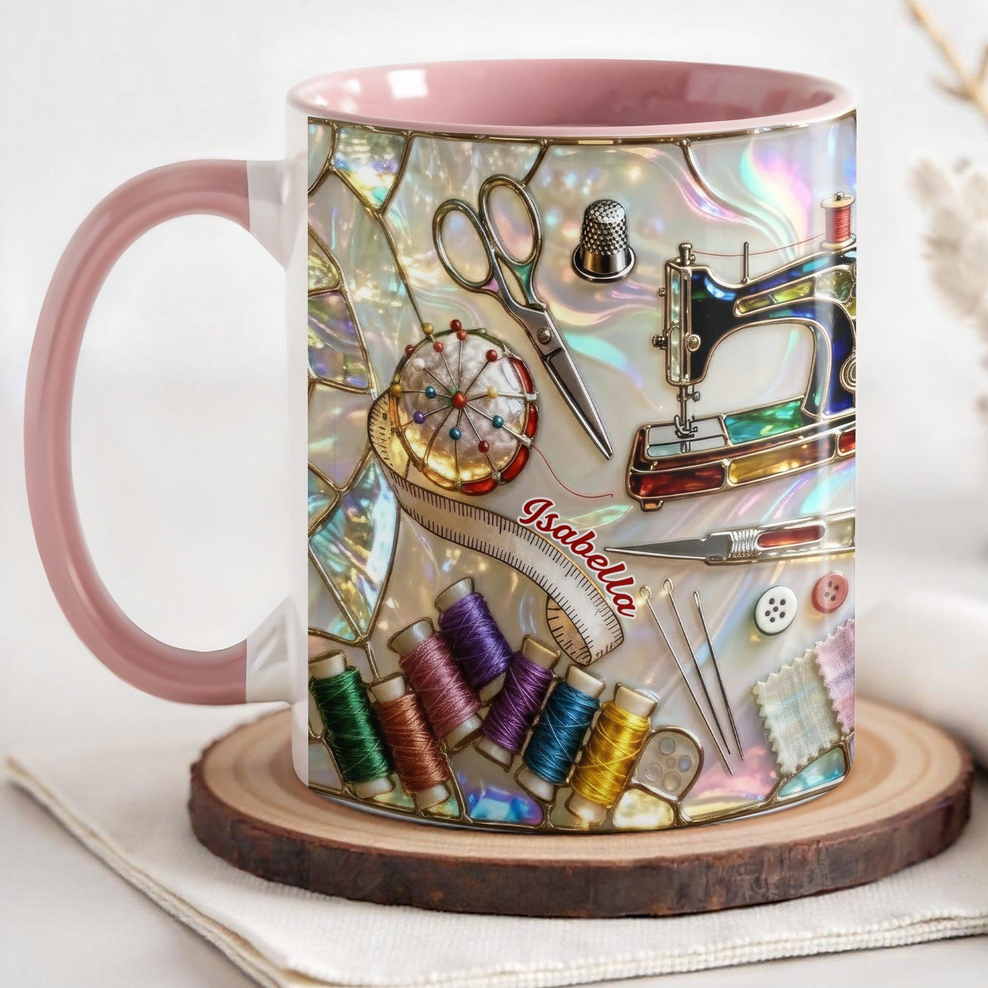 Personalized Iridescent Sewing Coffee Mug, Custom Name Stained Glass Effect Quilter Cup, Seamstress Hobbyist Drinkware, Holographic Crafting Supplies Mug