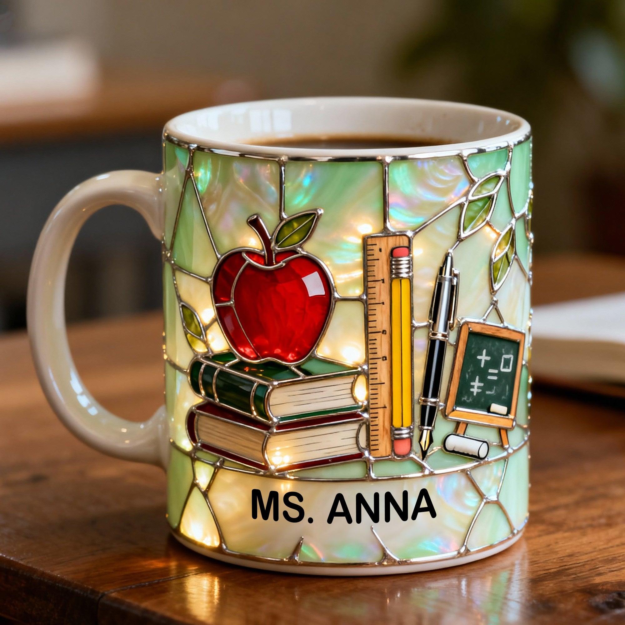 Personalized Stained Glass Teacher Mug, Custom Name Teacher Appreciation Gift, Aesthetic Classroom Coffee Cup, Ms. Sophia Custom Mug, Apple & Books School Themed Drinkware, Back To School Gift For Teachers, Educational Icon