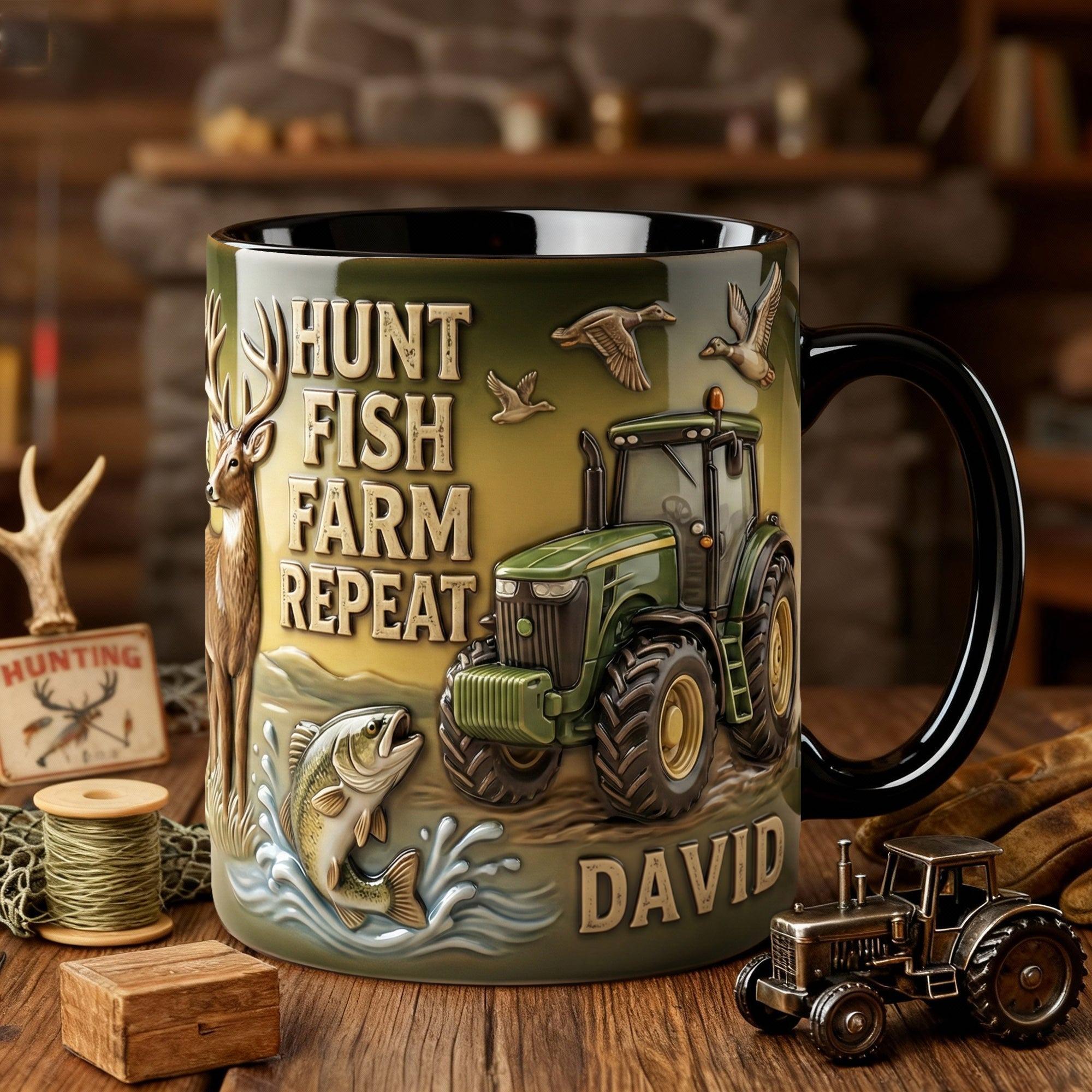 Personalized Hunt Fish Farm Repeat Mug, Custom Name David Outdoor Gift, Unique Farmer Hunter Fisherman Drinkware, Whimsical Country Life Accessory, Rugged Men'S Gift Idea
