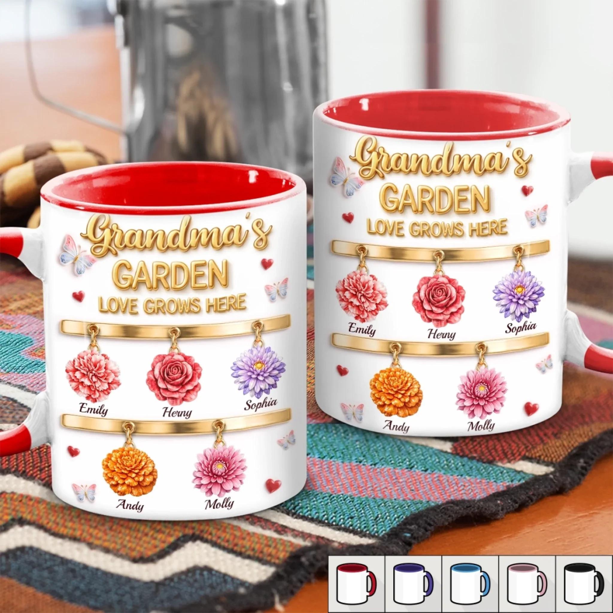Personalized Grandma'S Garden Mug, Custom Name Flower Cup, Mother'S Day Gift, 3d Inflated Effect Print 2d Ceramic Mug, Love Grows Here, Unique Gift For Nana Gigi