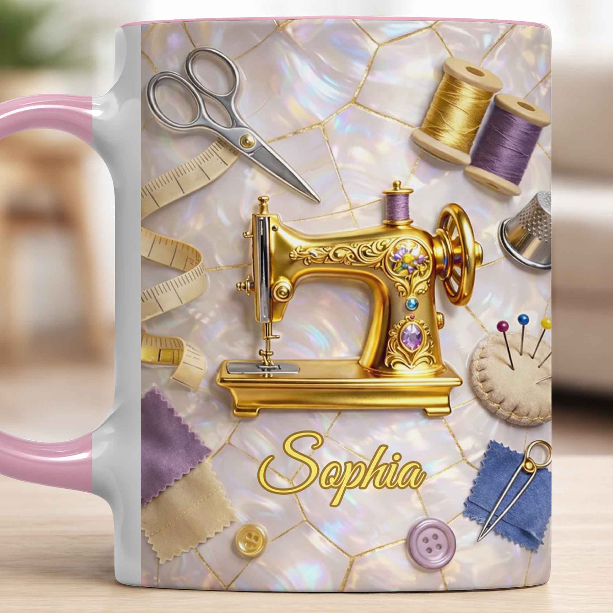 [Flash Deals] Bojjiartist Personalized Vintage Sewing Machine Coffee Mug – Custom Name Seamstress Gift, Iridescent Mother Of Pearl Mosaic Cup, 3d Effect Golden Sewing Machine Illustration