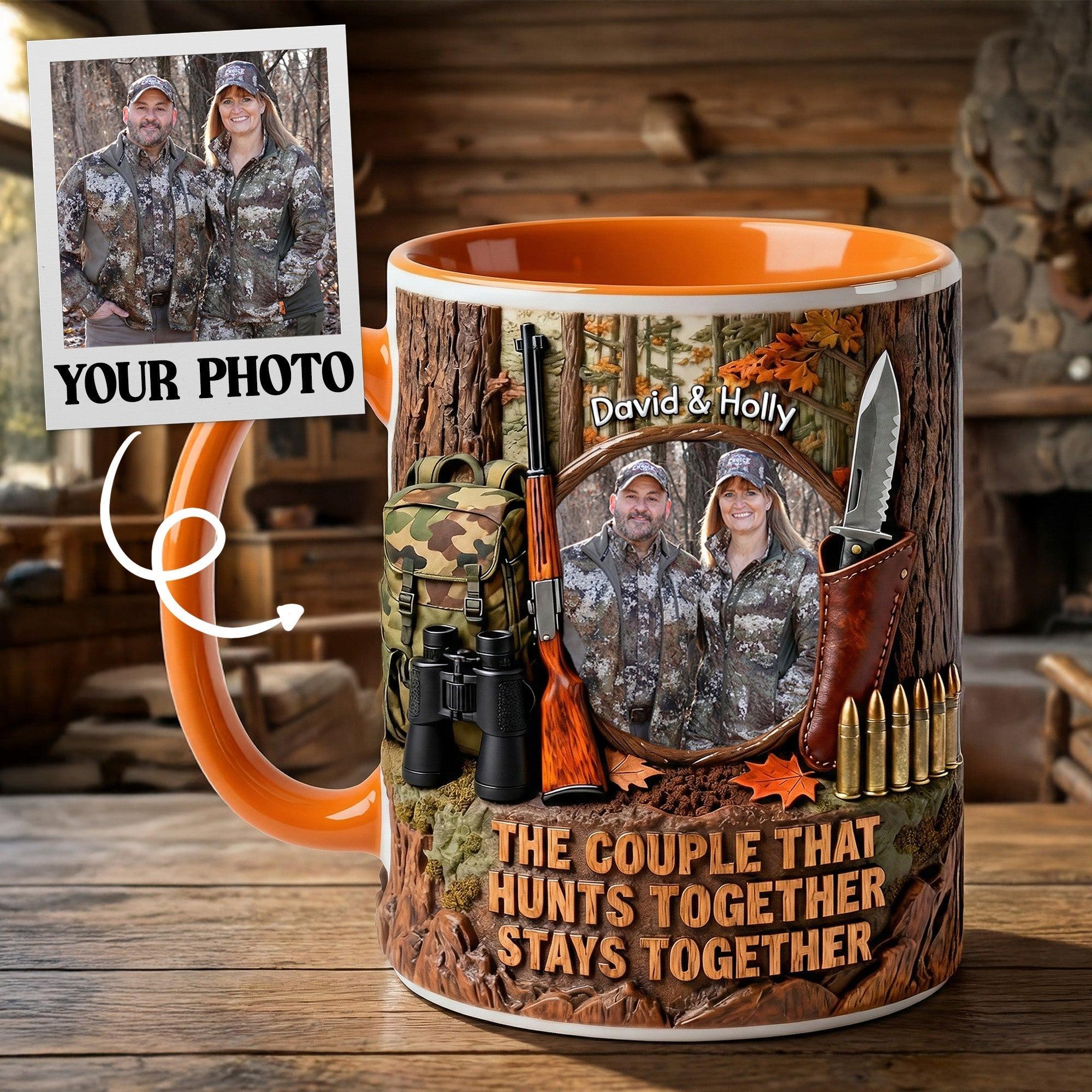 Personalized Hunting Couple Custom Photo Mug, Custom Name Husband And Wife Outdoor Cup, The Couple That Hunts Together Stays Together, Whimsical Camo Hunting Gear Mug