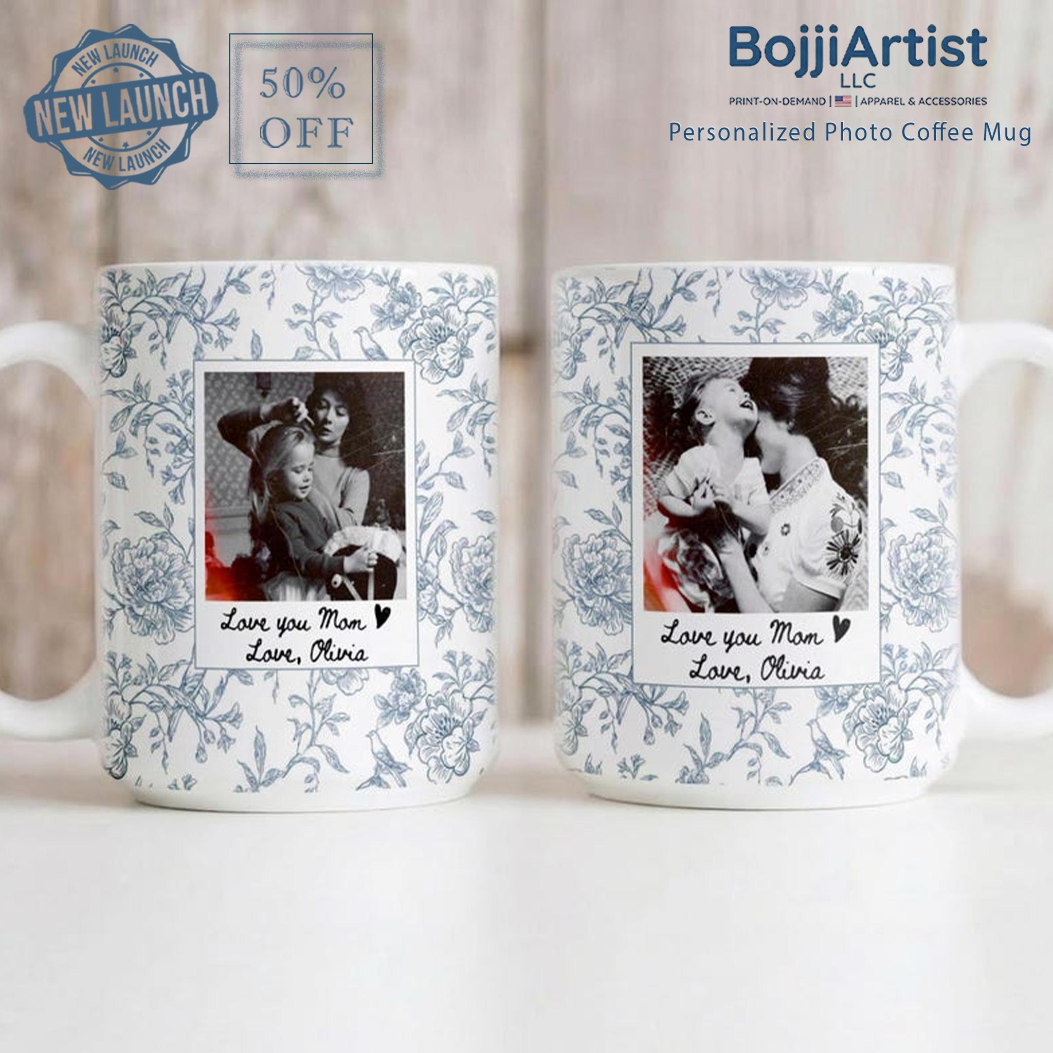 [Flash Deals] Bojjiartist Personalized Photo Coffee Mug, Vintage Blue Toile De Jouy Floral Ceramic Cup, Custom Message "Love You Mom" Polaroid Style Mug, Unique Mother'S Day Gift