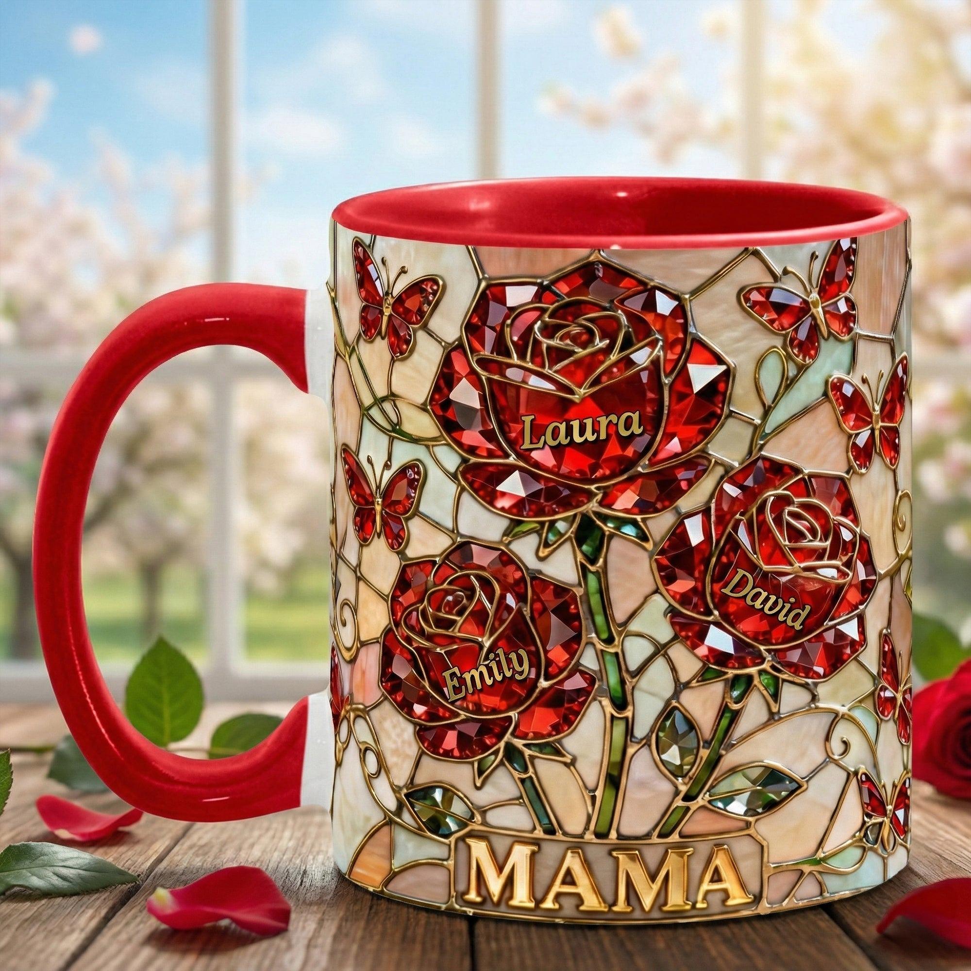 Personalized Mama Stained Glass Rose Mug, Custom Children Names Family Gift, Mother'S Day Keepsake Mug, Luxurious Butterfly Rose Drinkware, Red Rose Personalized Coffee Cup