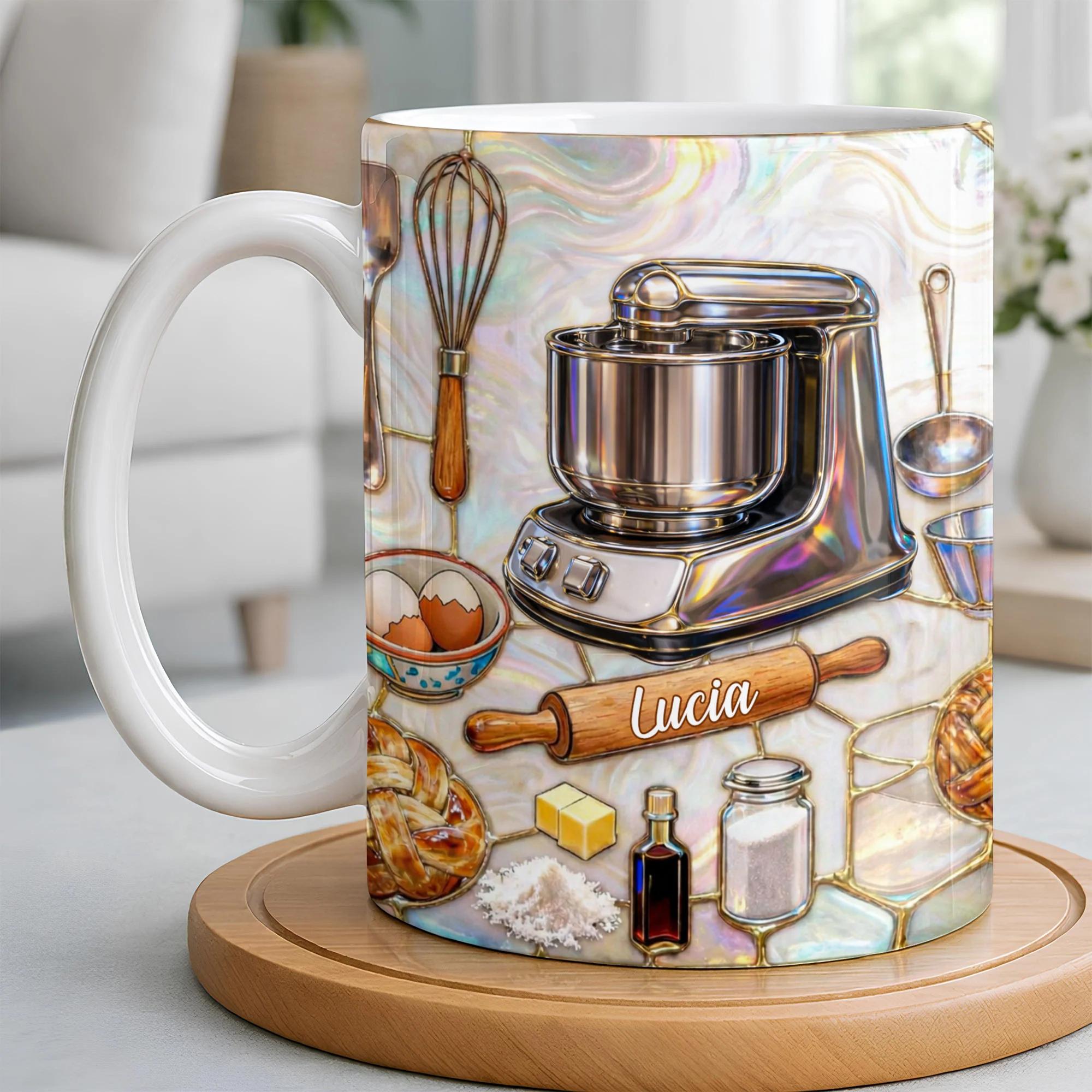 [Flash Deals] Bojjiartist Personalized Baker'S Kitchen 3d Abalone Sell Effect Coffee Mug – Custom Name Pastry Chef Gift, Iridescent Mother Of Pearl Mosaic Baking Cup, Whimsical Kitchen Aesthetic Decor