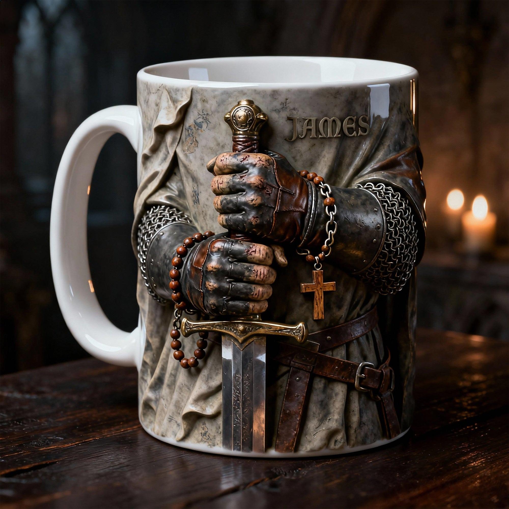 Personalized Christian Knight Warrior Mug, Spiritual Warfare Rosary Armor Drinkware, Courageous Knight Templar Style Mug, Rugged Faith-Based Man Cave Accessory