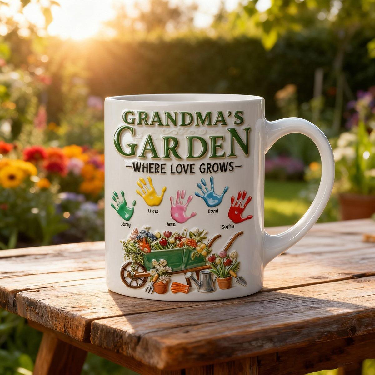 Personalized Grandma'S Garden Handprint Mug, Custom Grandchildren Name Coffee Cup, Whimsical Floral Garden Gift For Nana, Mother'S Day Keepsake Mug, Where Love Grows Custom Family Cup