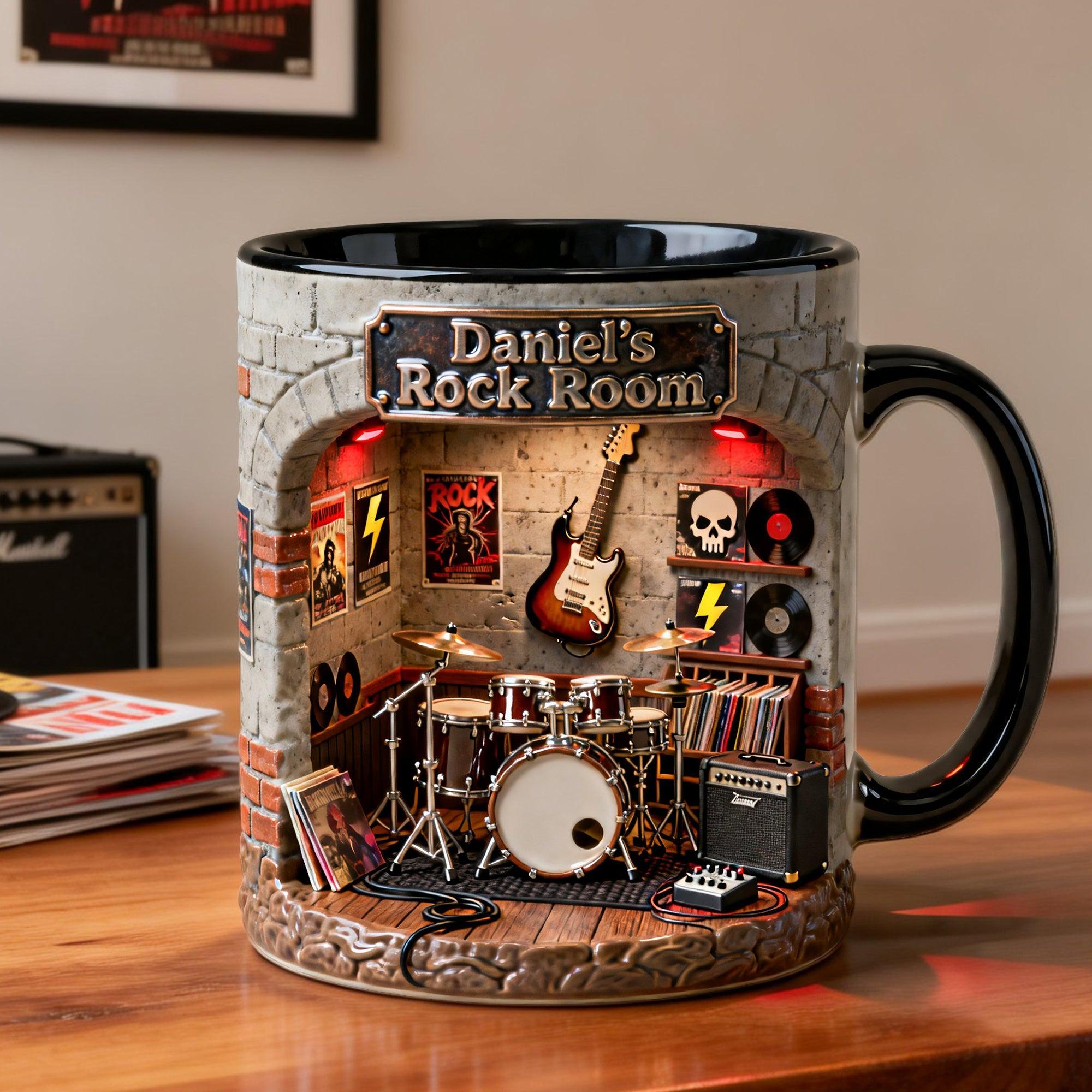 Personalized Rock Music Studio Diorama Mug, Custom Name Drummer And Guitarist Gift, Rock And Roll Band Room Coffee Cup, Unique Musical Instrument Art Gift, Whimsical Man Cave Accessory