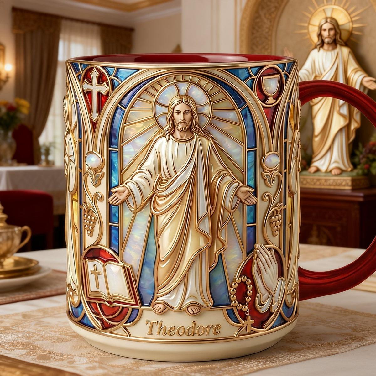 Personalized Jesus Stained Glass Ornate Mug, Custom Name Christian Faith Gift, Church Community Keepsake, Theodore Custom Religious Cup