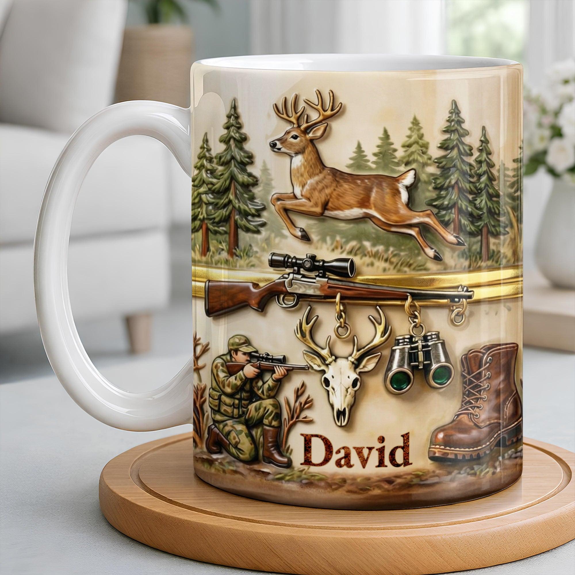Personalized Hunting Mug, Custom Name Deer Hunter Gift, Buck Rifle Scope Coffee Cup, 3d Inflated Effect Print 2d Ceramic Mug, Best Father'S Day Gift For Him