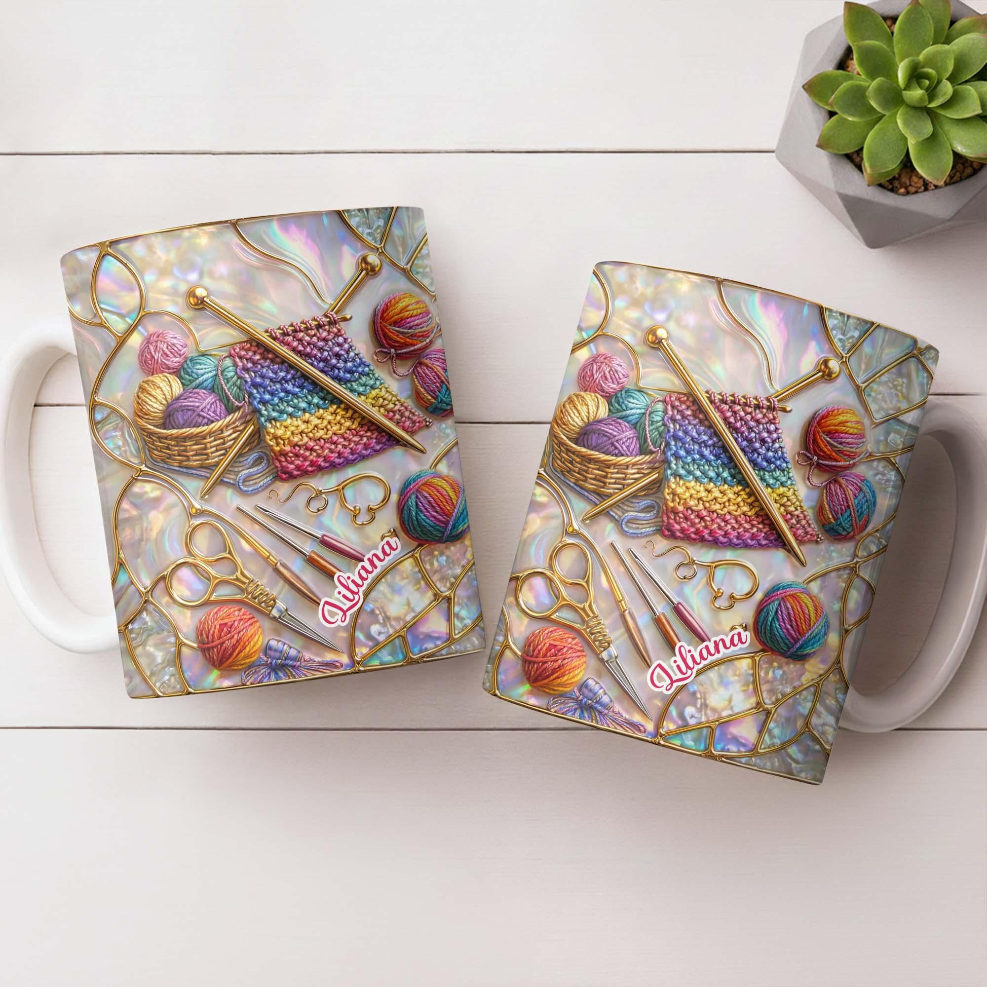 Personalized Knitting Mug, Custom Name Crochet, Mother'S Day, Abalone Shell, Stained Glass Effect, 3d Inflated Effect Print 2d Ceramic Mug, Craft Lover Gift