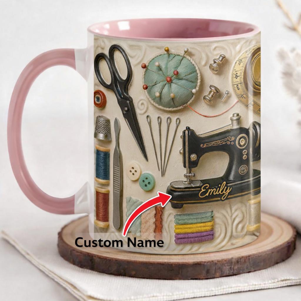 Glossy Stylish Sewing Ceramic Mug - Personalized Custom Name Cup For Quilters, Reusable Pink-Accented Classic Washable Kitchen Drinkware For Tea & Beverages