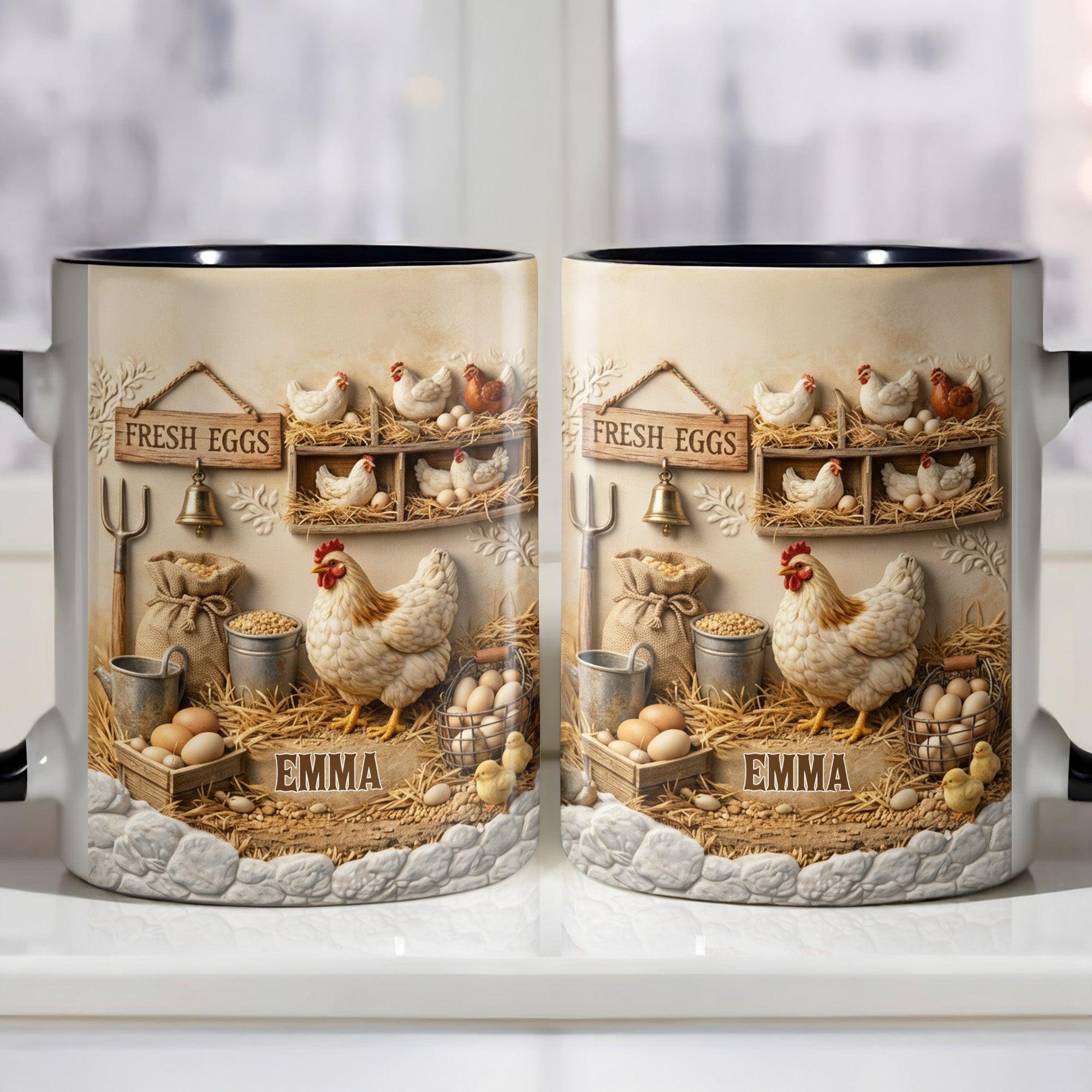 Personalized Chicken Farm Mug, Custom Name Fresh Eggs Coffee Cup, Mother'S Day Gift, 3d Inflated Effect Print 2d Ceramic Mug, Crazy Chicken Lady Gift For Grandma​