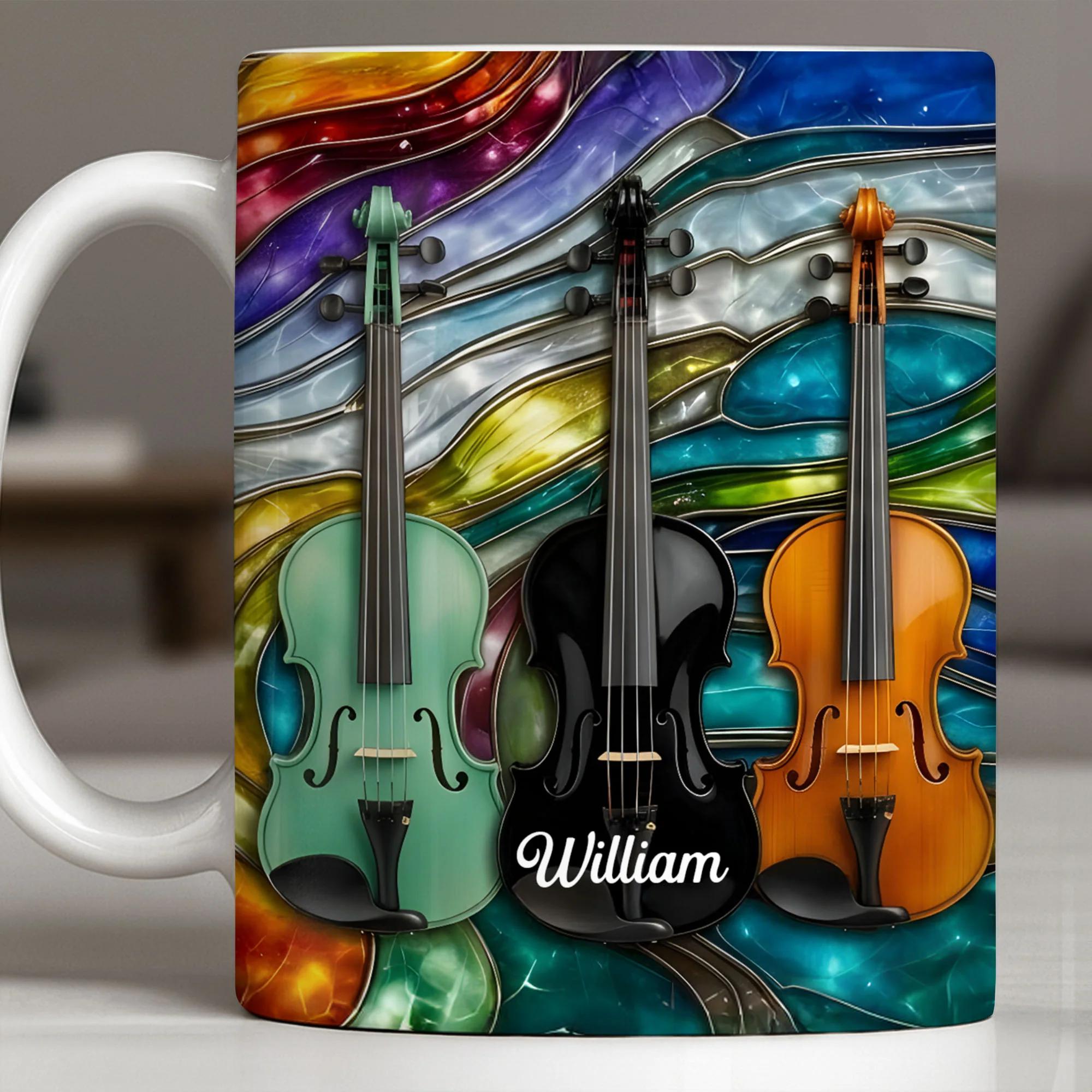 [Flash Deals] Bojjiartist Personalized Violin Stained Glass Coffee Mug – Custom Name Musician Gift, Artistic Orchestra Violin Full Bleed Cup, Unique Violinist Appreciation Present For Music Lovers