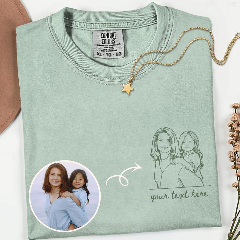 Custom Photo To Line Art Portrait Shirt, Personalized Minimalist Outline Drawing, Your Text Here, Unique Mother Child Gift, Retro Washed Cotton Top, Unisex Comfort Tee.