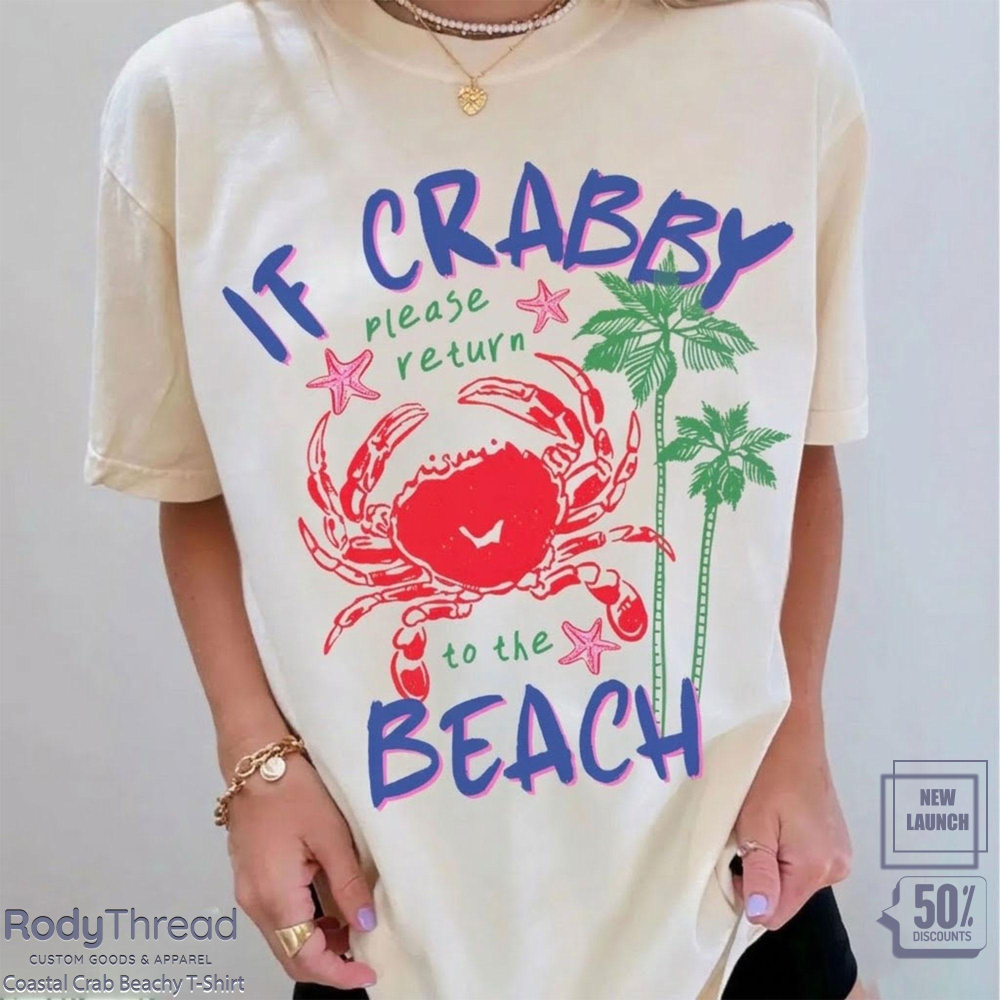Women'S Ultra Soft Premium Cotton Vintage Coastal Crab Graphic Tshirt - Ribbed Round Neck Top, Casual Breathable Streetwear, Retro Palm Tree Wrap Fit Beach Summer Clothes