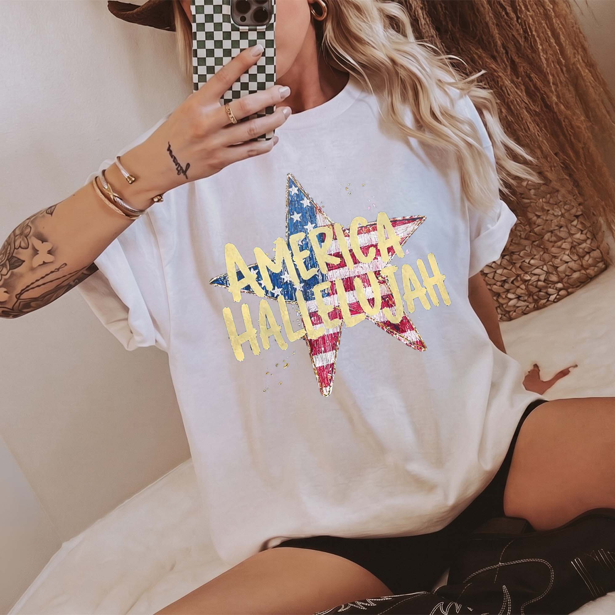 America Hallelujah Graphic T-Shirt For Women Western Country Retro Patriotic 4th Of July Brown Cotton Summer Festival Top Cowgirl Shirt Usa Flag Star Distressed Vintage Tee American Pride Holiday Concert Apparel Outfit