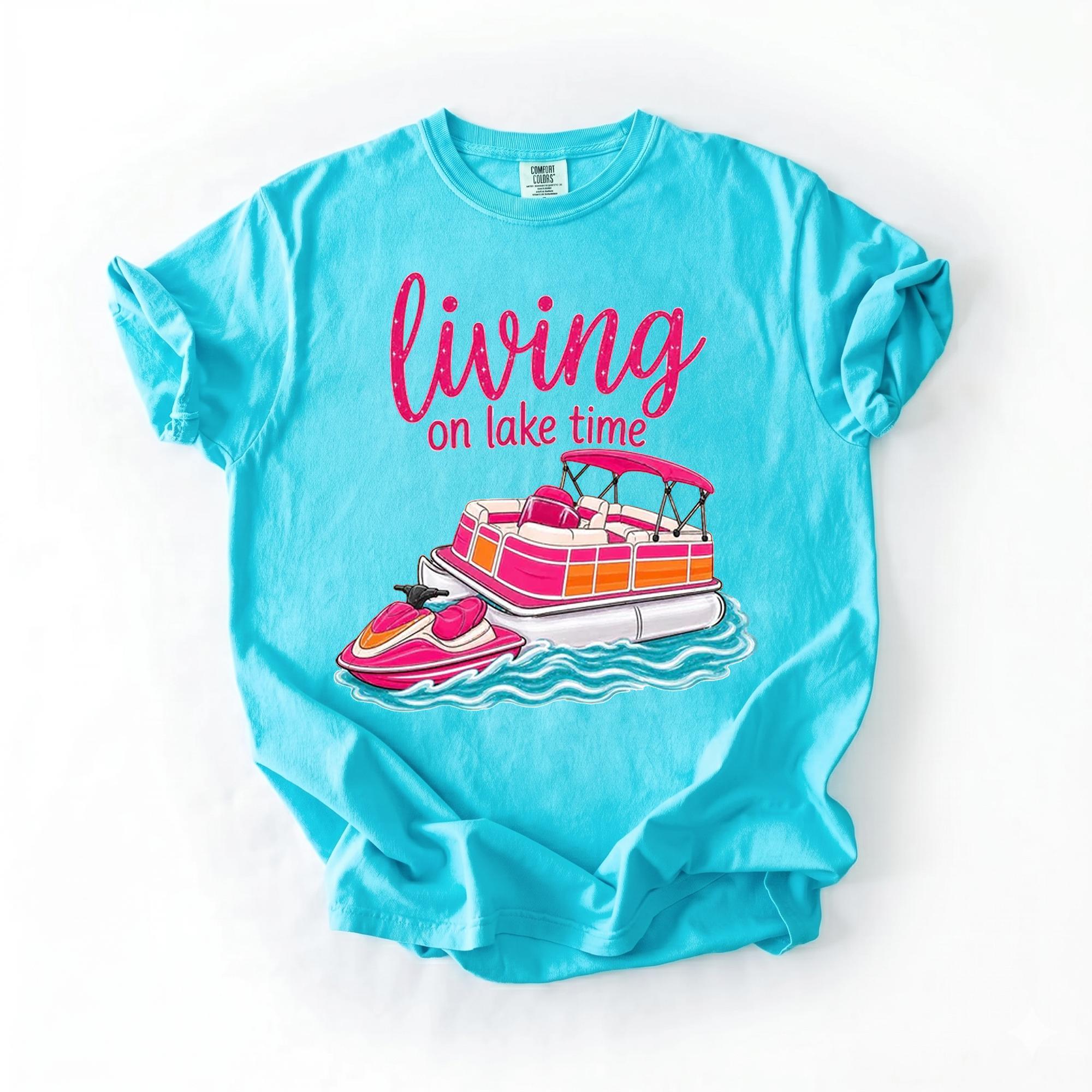 Women'S Oversized Cotton Ribbed Fabric Graphic T-Shirt - Preppy Retro Streetwear, Pink Pontoon Boat Jet Ski Print, Beach Cover-Up, Bach Party Bride-Bridesmaids Matching Piece