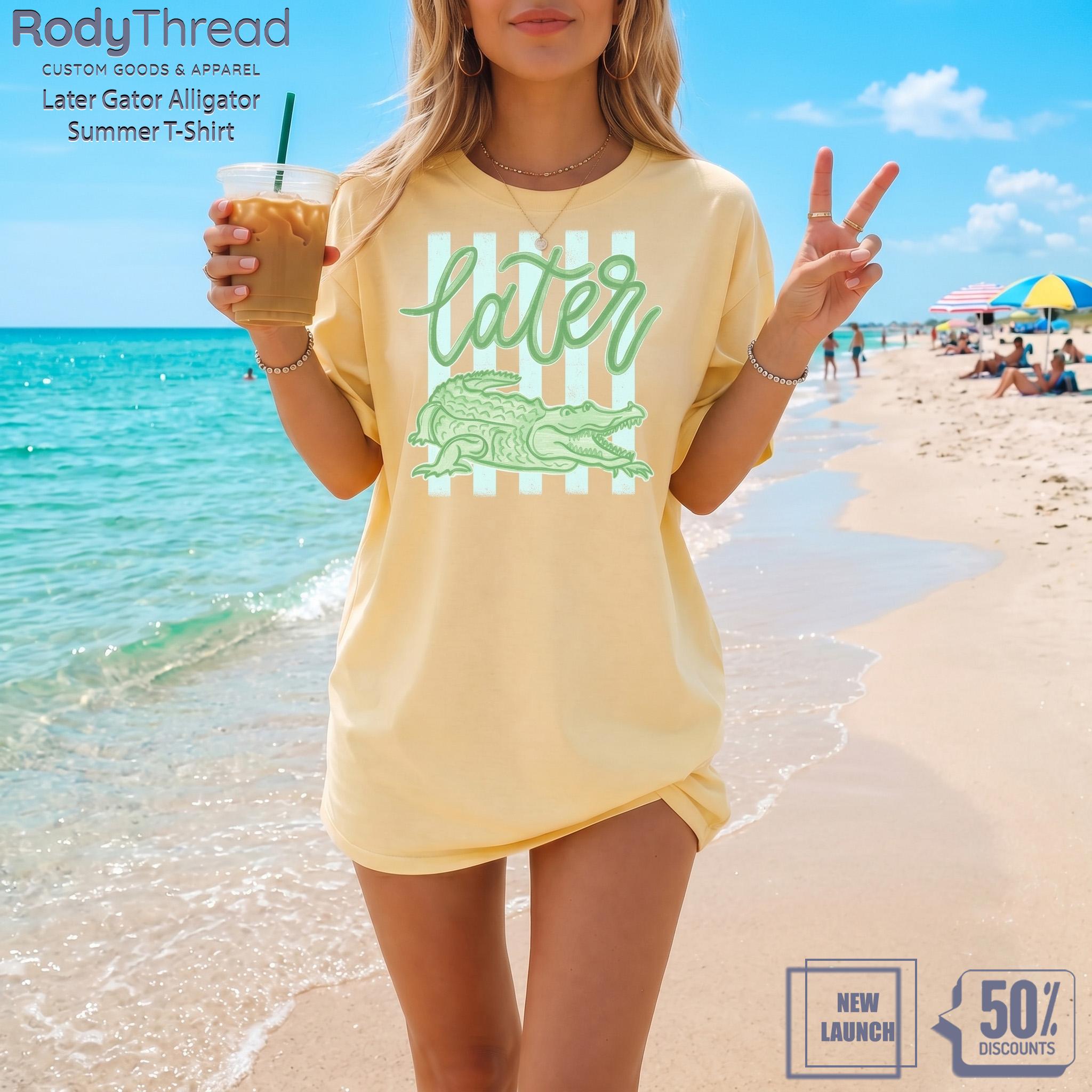 See You Later Alligator In A While Crocodile Graphic Summer T-Shirt For Women Teens Preppy Retro Beach Aesthetic Light Pastel Yellow Cotton Blend Playful Rhyming Farewell Phrase Funny Animal Print Tee Trendy Casual Vacation Outfit Tops