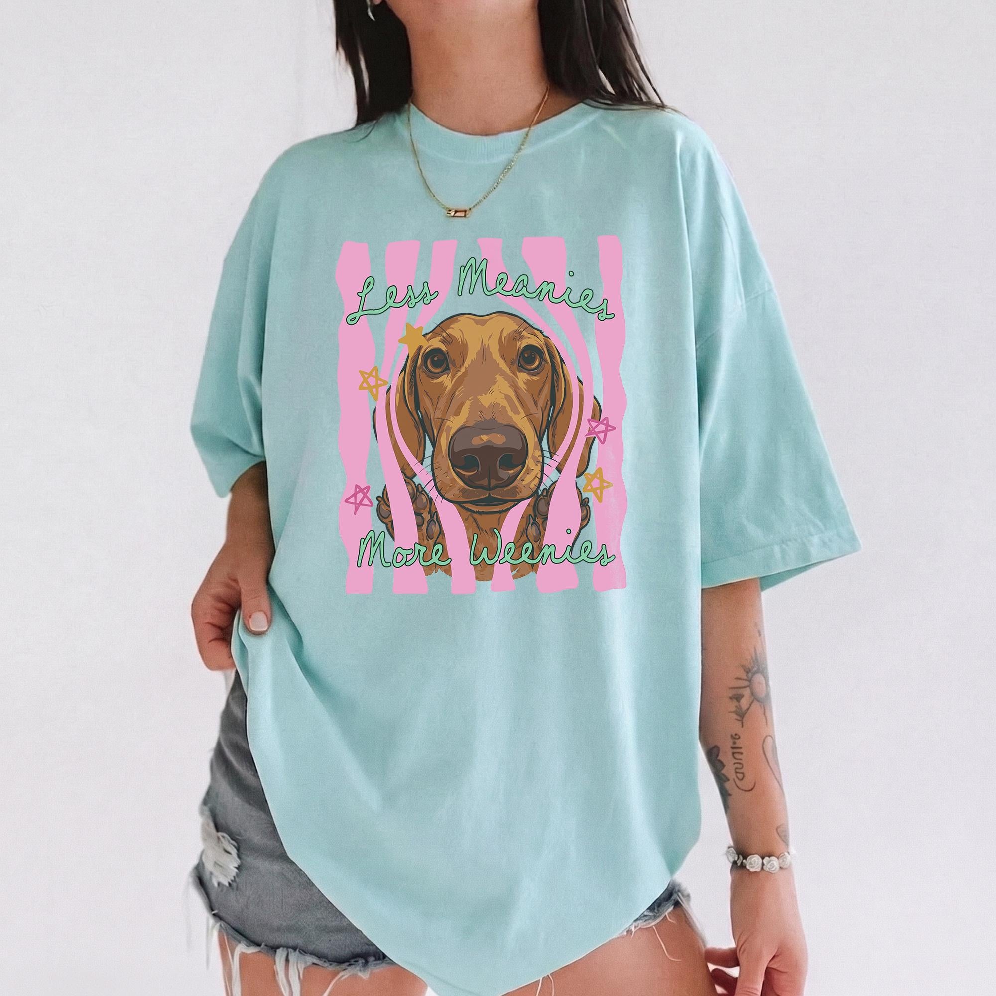 Personalized Less Meanies More Weenies Funny Dachshund T-Shirt For Women And Dog Lovers Retro Preppy Coquette Cream Cotton Graphic Tee Wiener Dog Graphic Top Doxie Mom T-Shirt Retro Pet Lover Shirt Personalized Birthday Gift