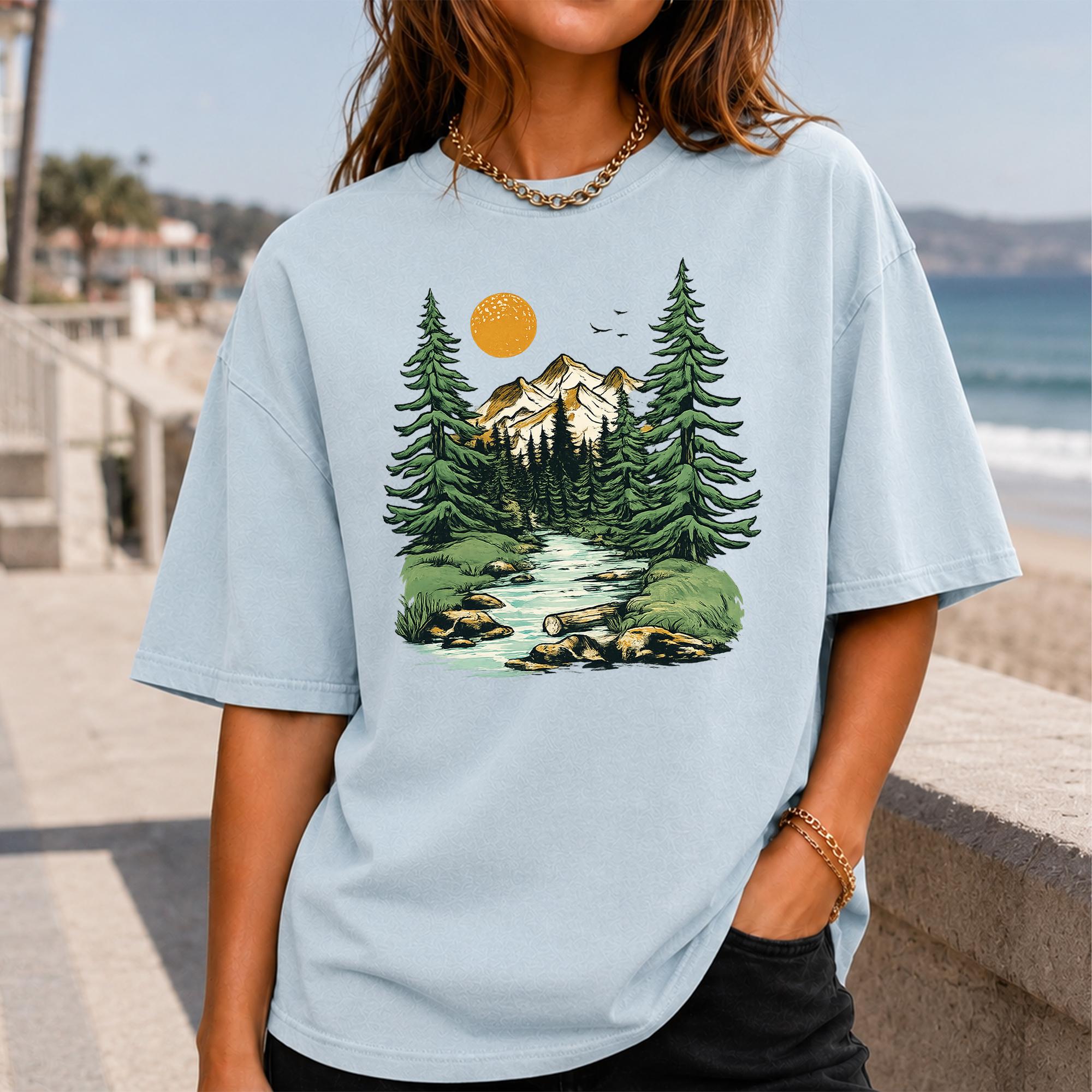 Nature Graphic T-Shirt Oversized Crew Neck Top For Women Eco-Aesthetic Retro Mountain Pine Tree Print White Cotton Blend Streetwear Casual Everyday Outfit Quiet Wellness Hiking Camping Viral Tiktok Fashion Trendy Y2k Shirt.