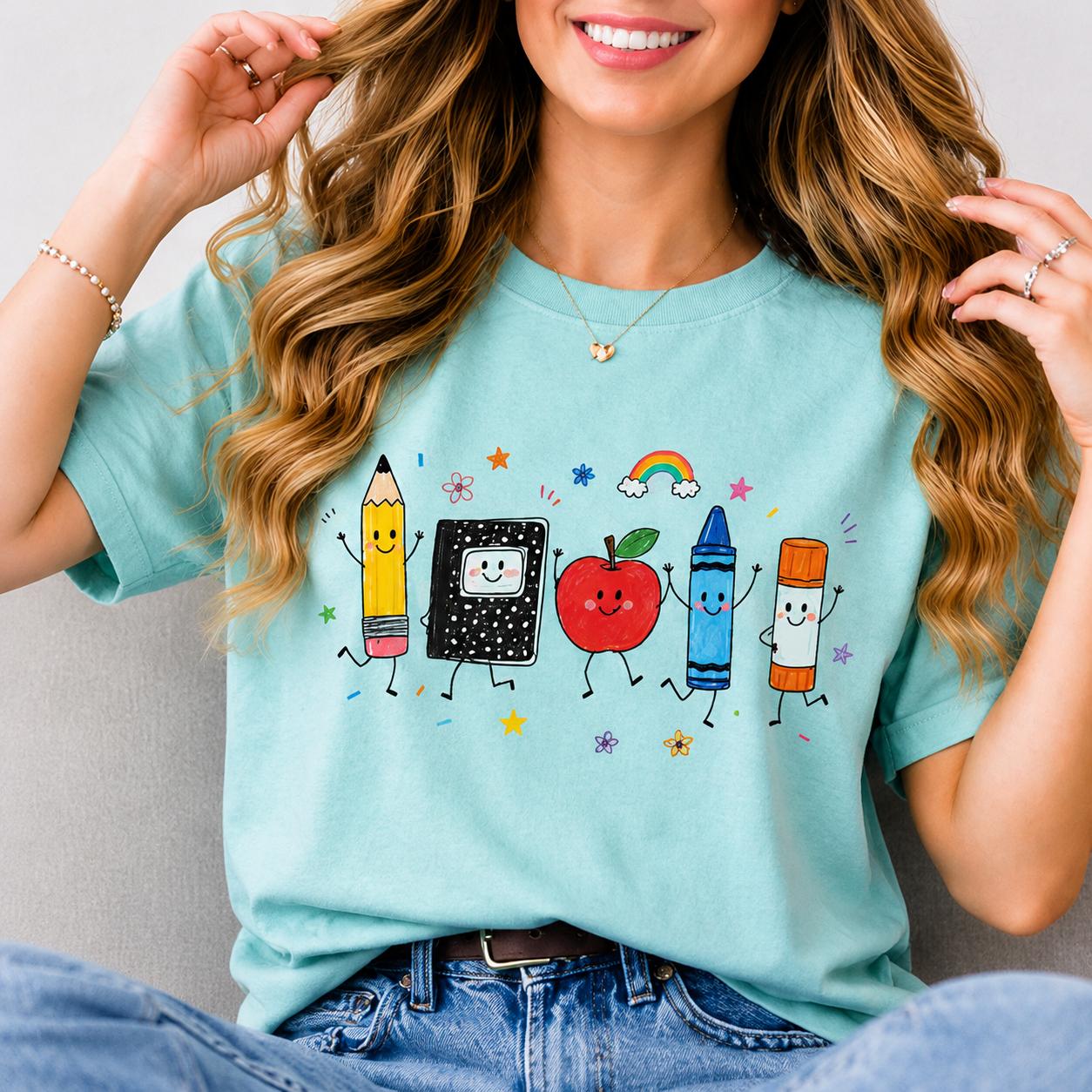 Cute Back To School Teacher Shirt Playful School Supplies T-Shirt For Women Elementary Pre-K Kindergarten Retro Doodle Aesthetic Cream Cotton Blend Funny Teacher Appreciation Gift Oversized Team Top Comfort Outfit