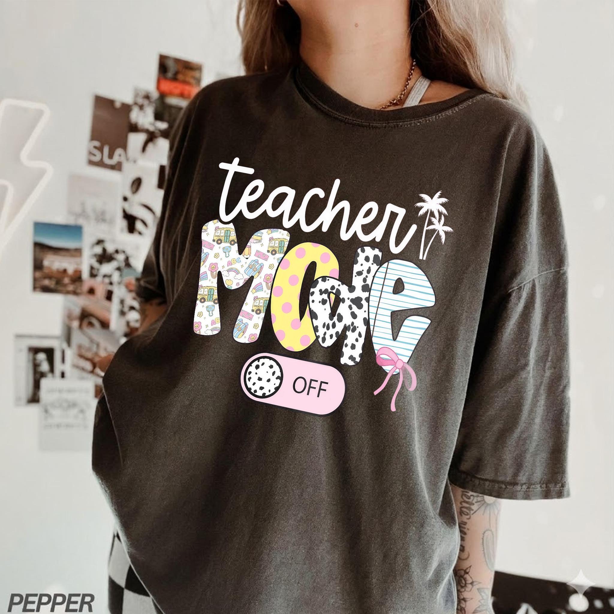 Women'S Ribbed Cotton Fabric T-Shirt - Loose, Breathable, Oversized, Graphic, Pepper Dark Gray, Cow Print Bow, Streetwear, Casual, Matching Wrap, Teacher Mode Off, Preppy Coquette Vintage Washed Aesthetic, End Of School Year Gift