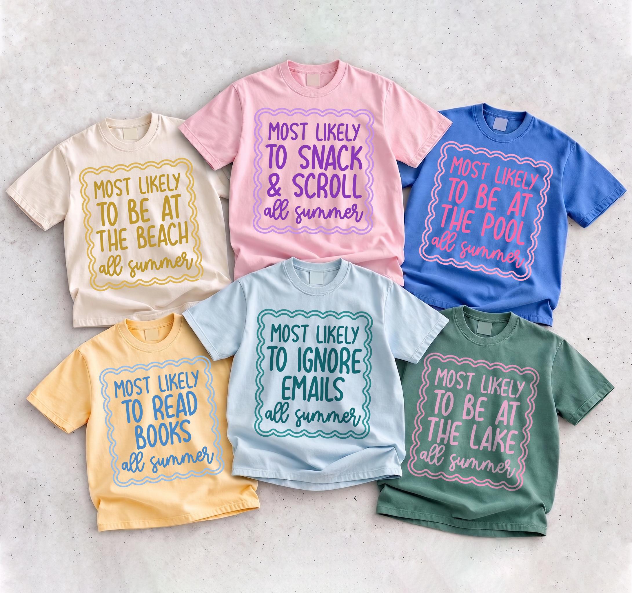 Most Likely To Be At The Beach All Summer Graphic T-Shirt For Women Last Day Of School Teacher Preppy Coastal Summer Vacation Oversized T-Shirt White Cotton Casual Top Cute Beachy Ocean Lover Trendy Letter Print Fun Holiday Gift Crewneck Apparel
