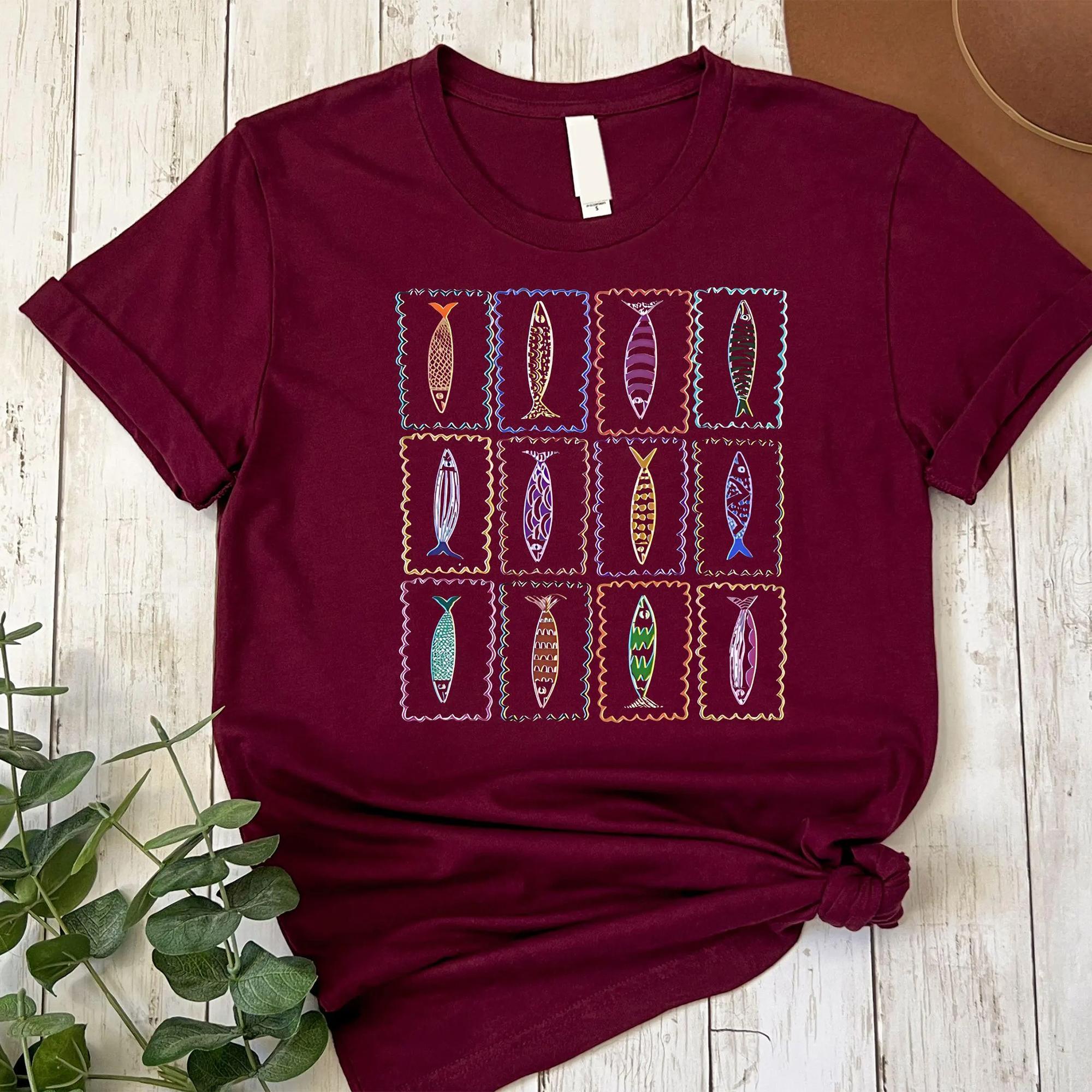Women'S Crew Neck Casual Short Sleeve Cream Cotton T-Shirt - Colorful Quirky Sardines Tin Fish Graphic, Coastal Mediterranean Aesthetic, Tinned Fish Lover Apparel, Marine Life Vacation Top
