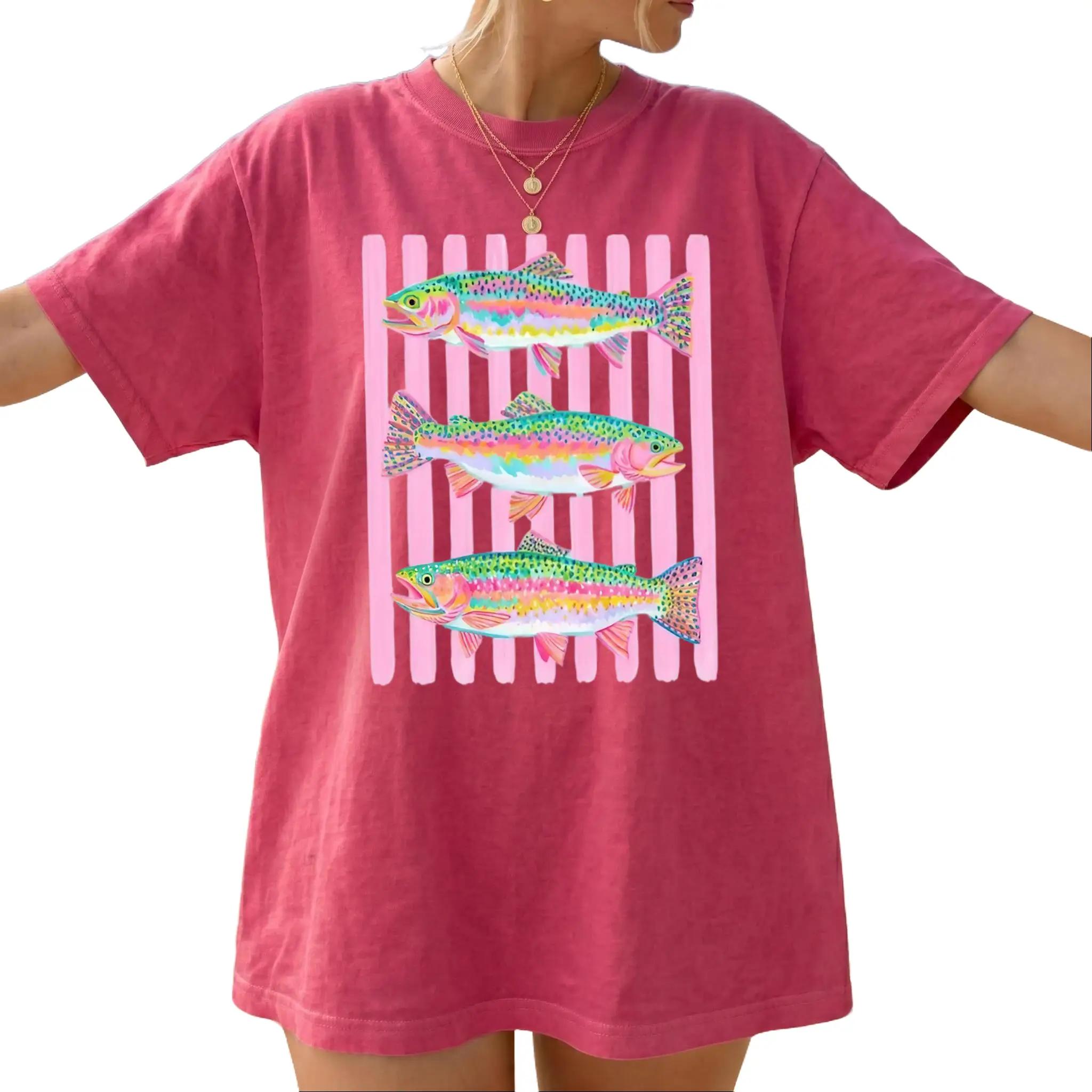 Preppy Rainbow Fish Oversized T-Shirt For Women Unisex Retro Vintage Colorful Maximalist Brown Cotton Abstract Colorful Trout In A Row Graphic Tee Summer Lake Life Apparel Girls Fish Style Fishing Apparel Tops