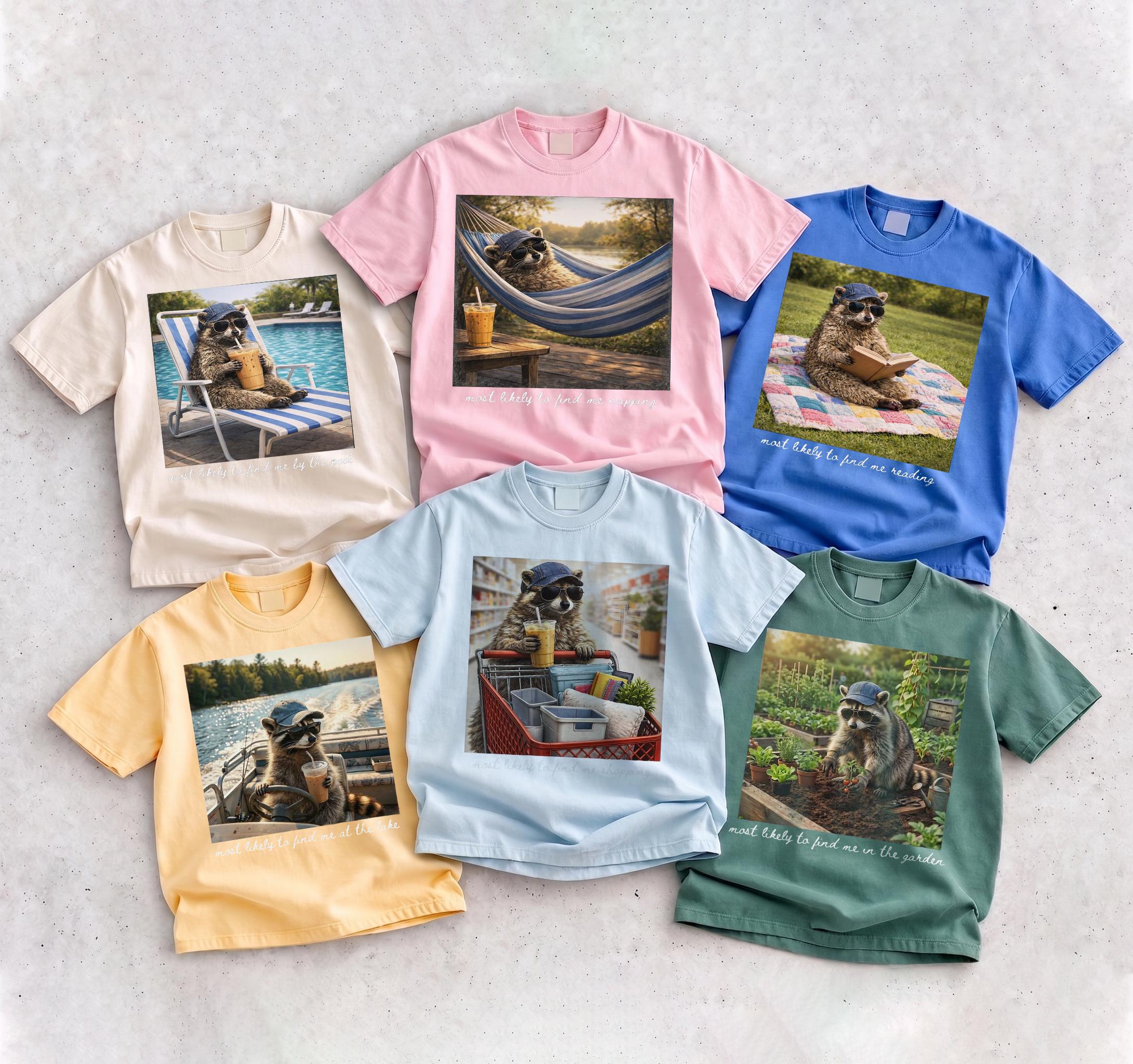 Women'S Premium Cotton Graphic T-Shirt - Last Day Of School Teacher Apparel, Raccoon Meme "Most Likely To Find Me Shopping" Print, Ribbed Breathable Fabric, Relaxed Fit Short Sleeve Wrap Top, End-Of-Year Gift