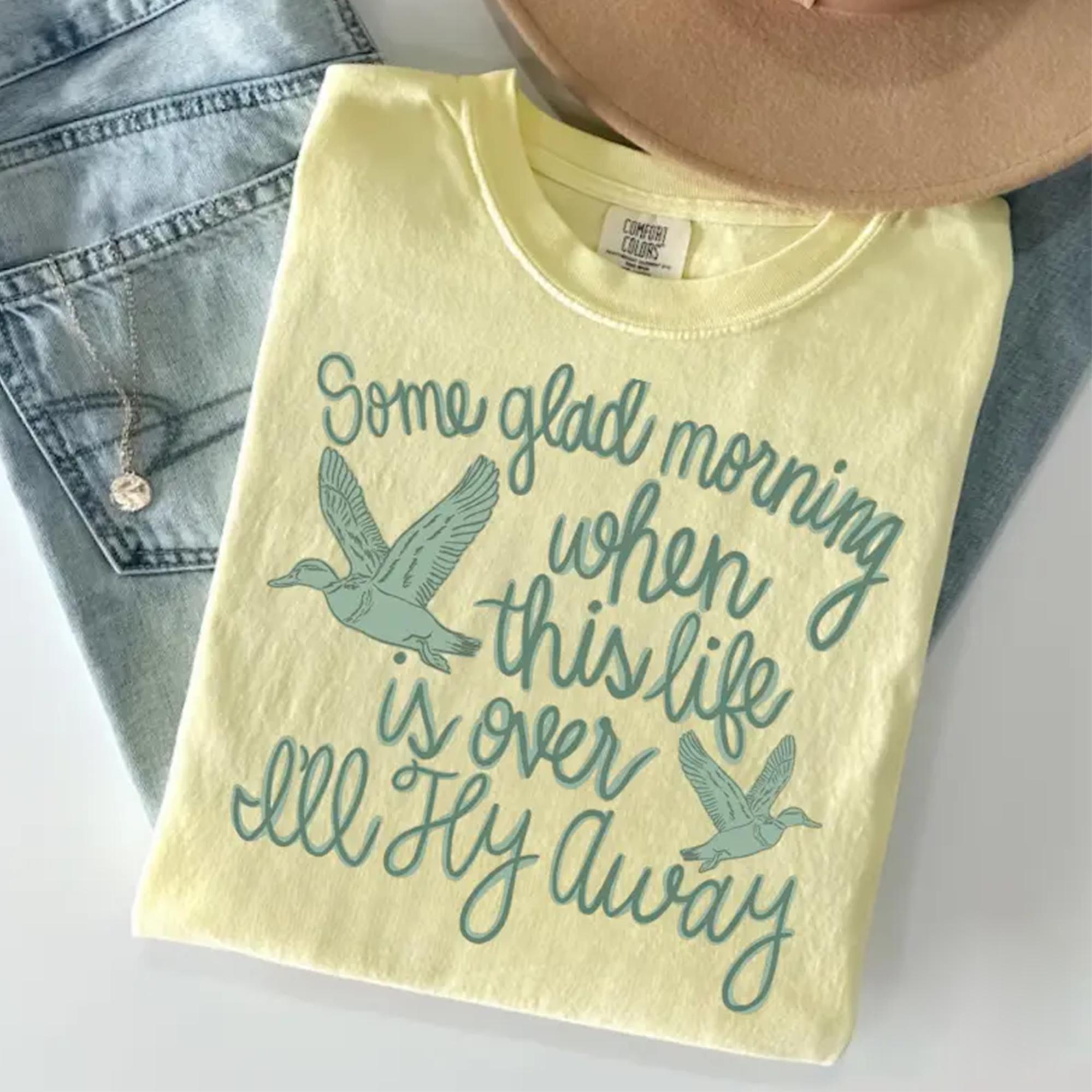 Women'S Ribbed Soft Round Neck Shortsleeve Apparel - "I'Ll Fly Away" Hymn Graphic Christian Faith-Inspirational Boho Vintage Cream Cotton Duck Casual T-Shirt (Unisex Country Western Style)