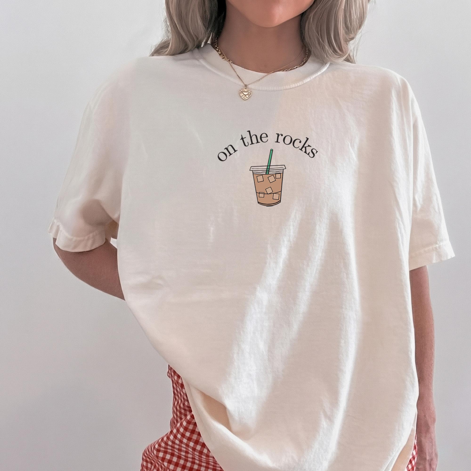 On The Rocks Iced Coffee Graphic T-Shirt For Women Trendy Minimalist Preppy Aesthetic Cream Cotton Blend Coffee Shirt Iced Coffee Lover Gift Coffee Lover Tee Funny Coffee Gift Coffee T-Shirt Coffee T-Shirt Trendy Coffee Lover Shirt